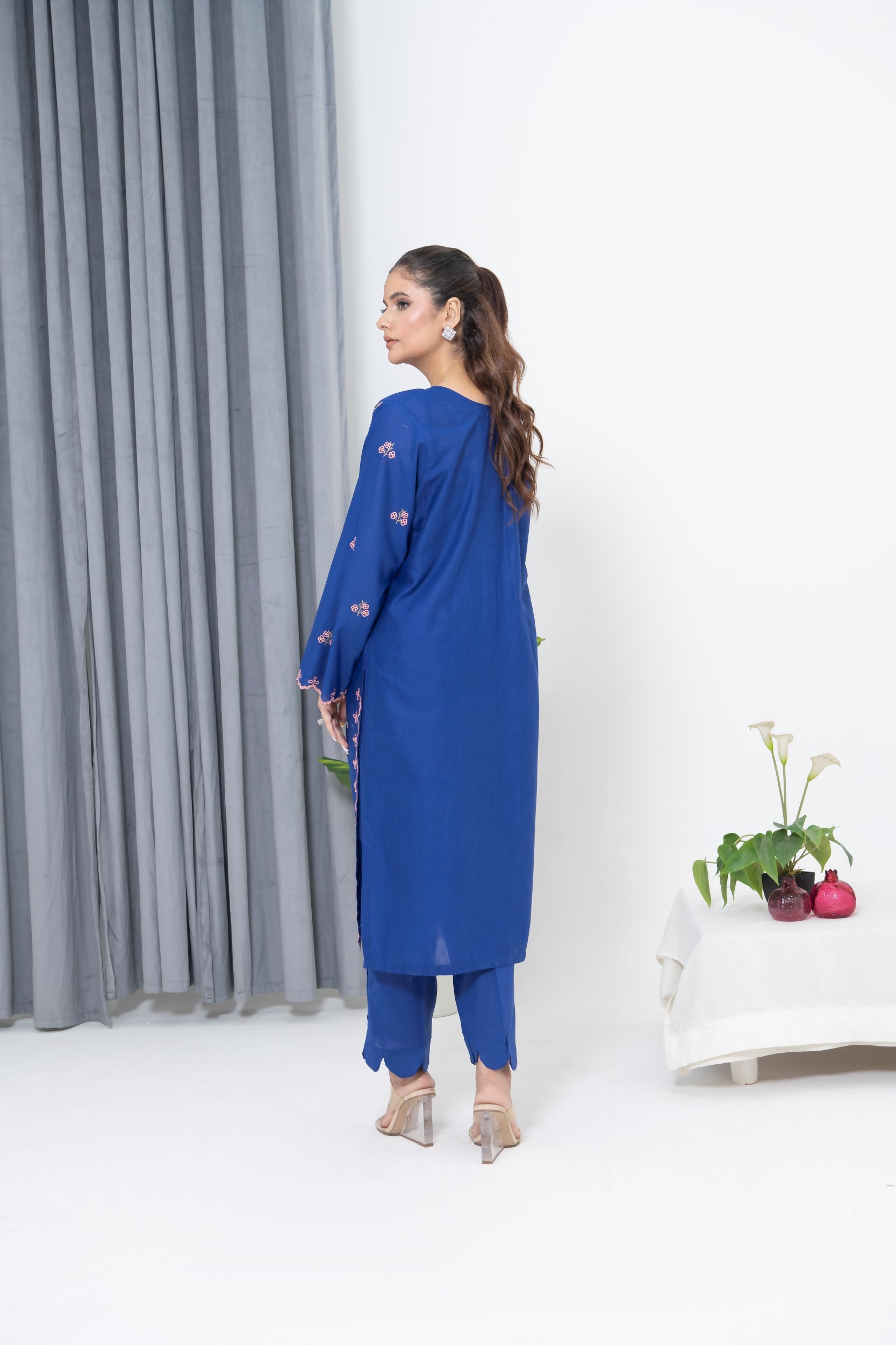 S-601 2PC Cotton Stitched Blue Embroidered Shirt + Culotte