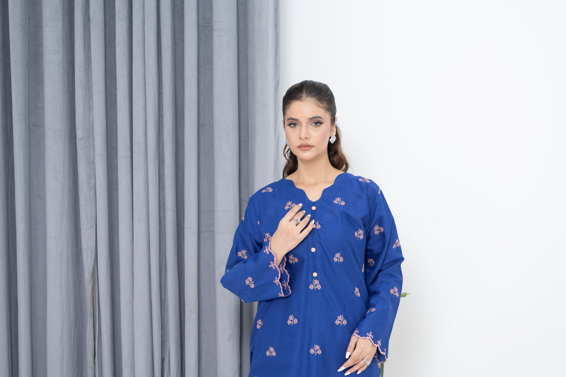 S-601 2PC Cotton Stitched Blue Embroidered Shirt + Culotte