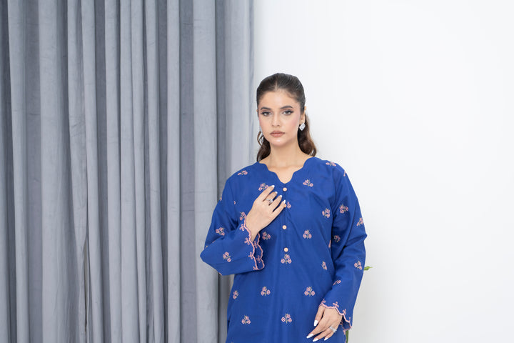 S-601 2PC Lawn Stitched Blue Embroidered Shirt + Culotte