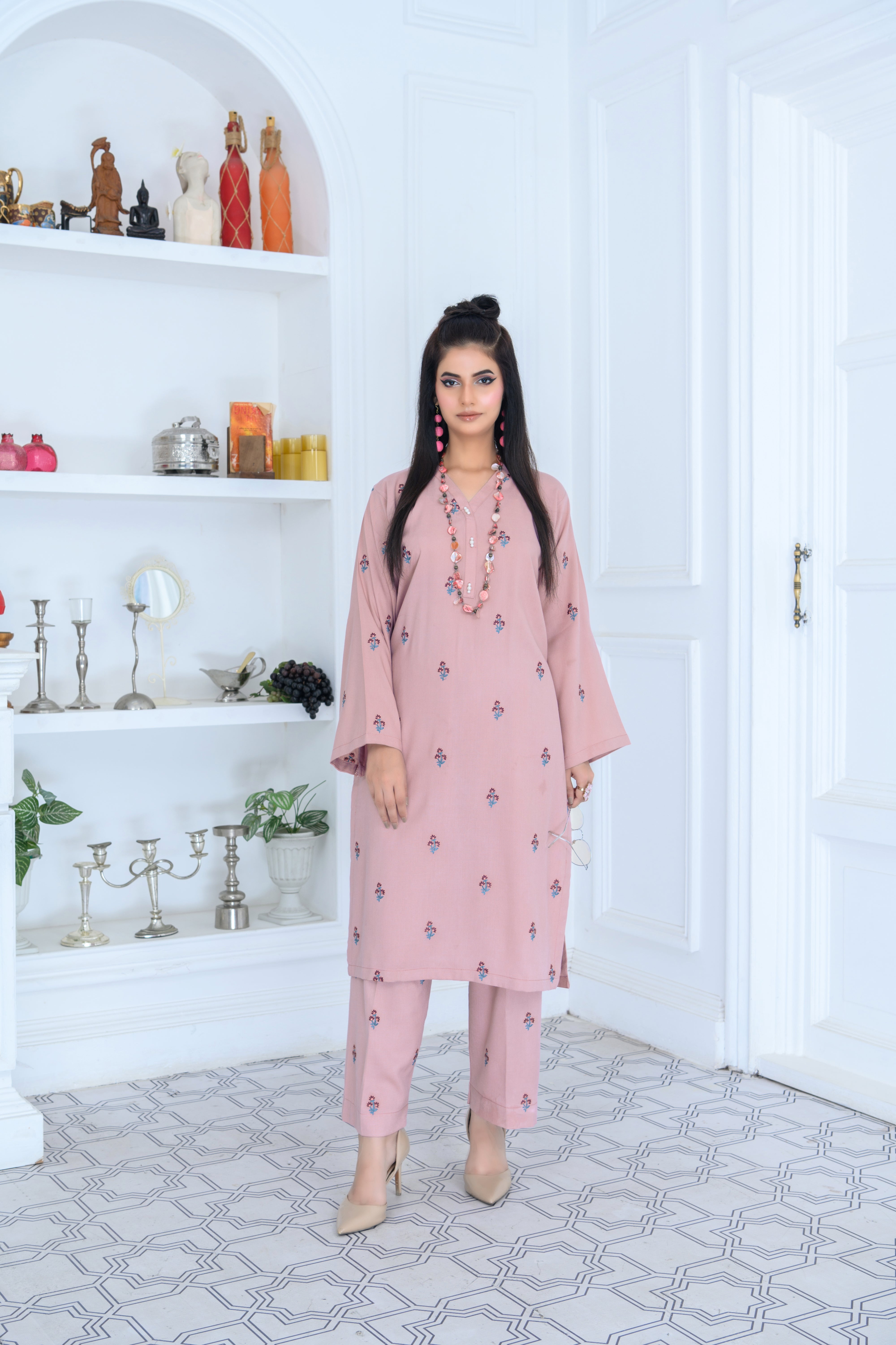 FW24-111 T-PINK 2PCS EMBROIDERED KURTA WITH TROUSER - SHAYNARI