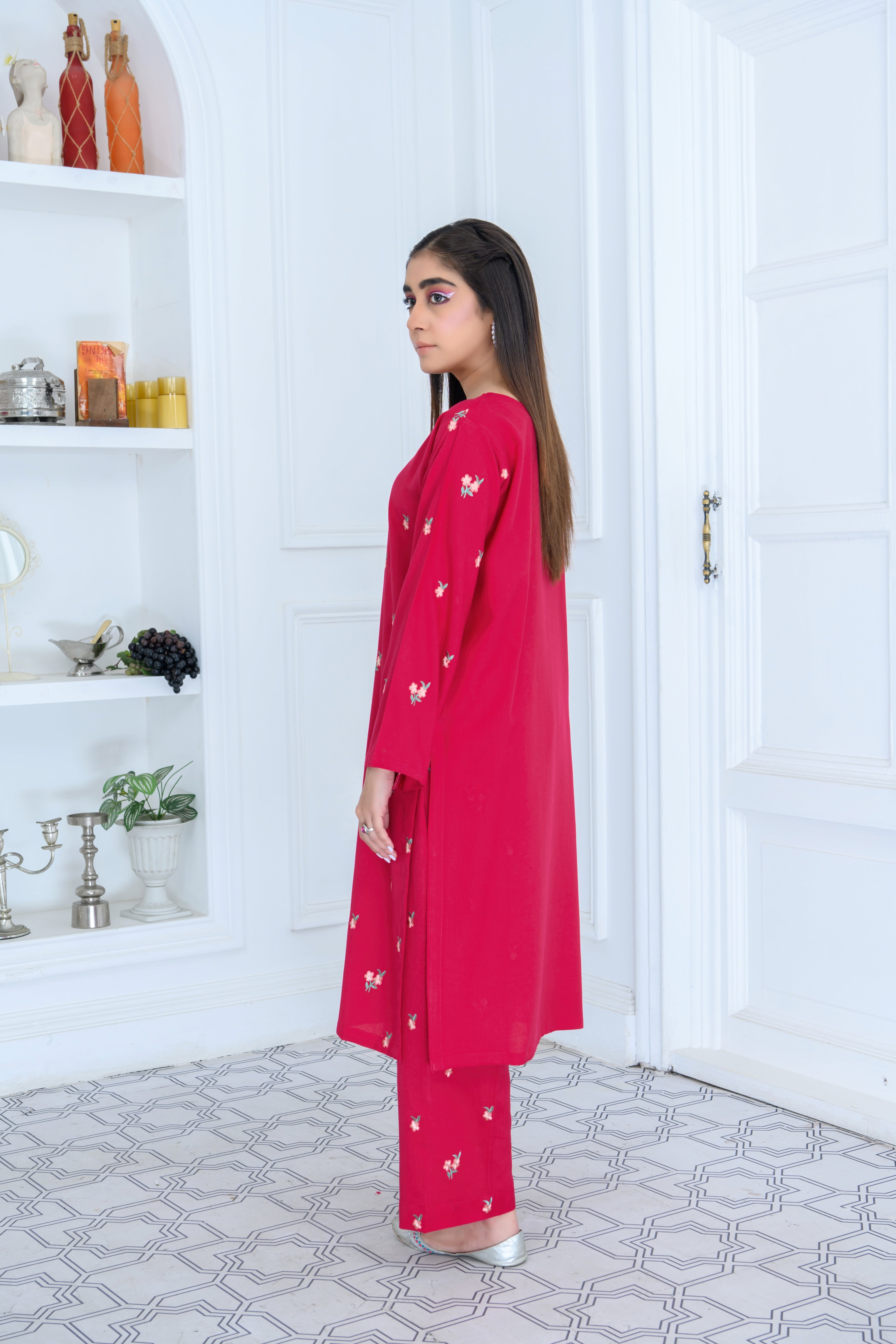 FW24-109 DEEP PINK 2PCS EMBROIDERED KURTA WITH TROUSER - SHAYNARI