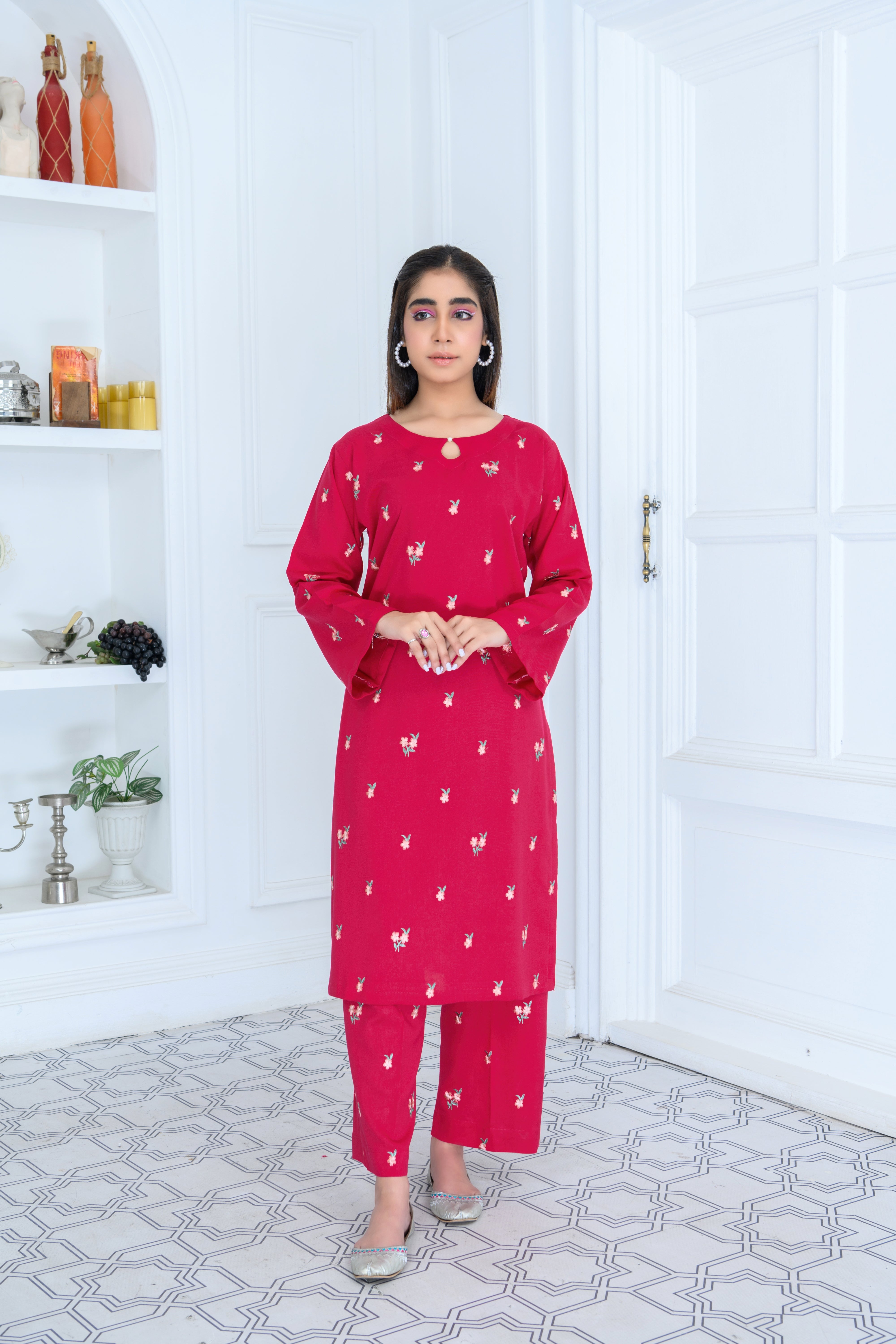 FW24-109 DEEP PINK 2PCS EMBROIDERED KURTA WITH TROUSER - SHAYNARI