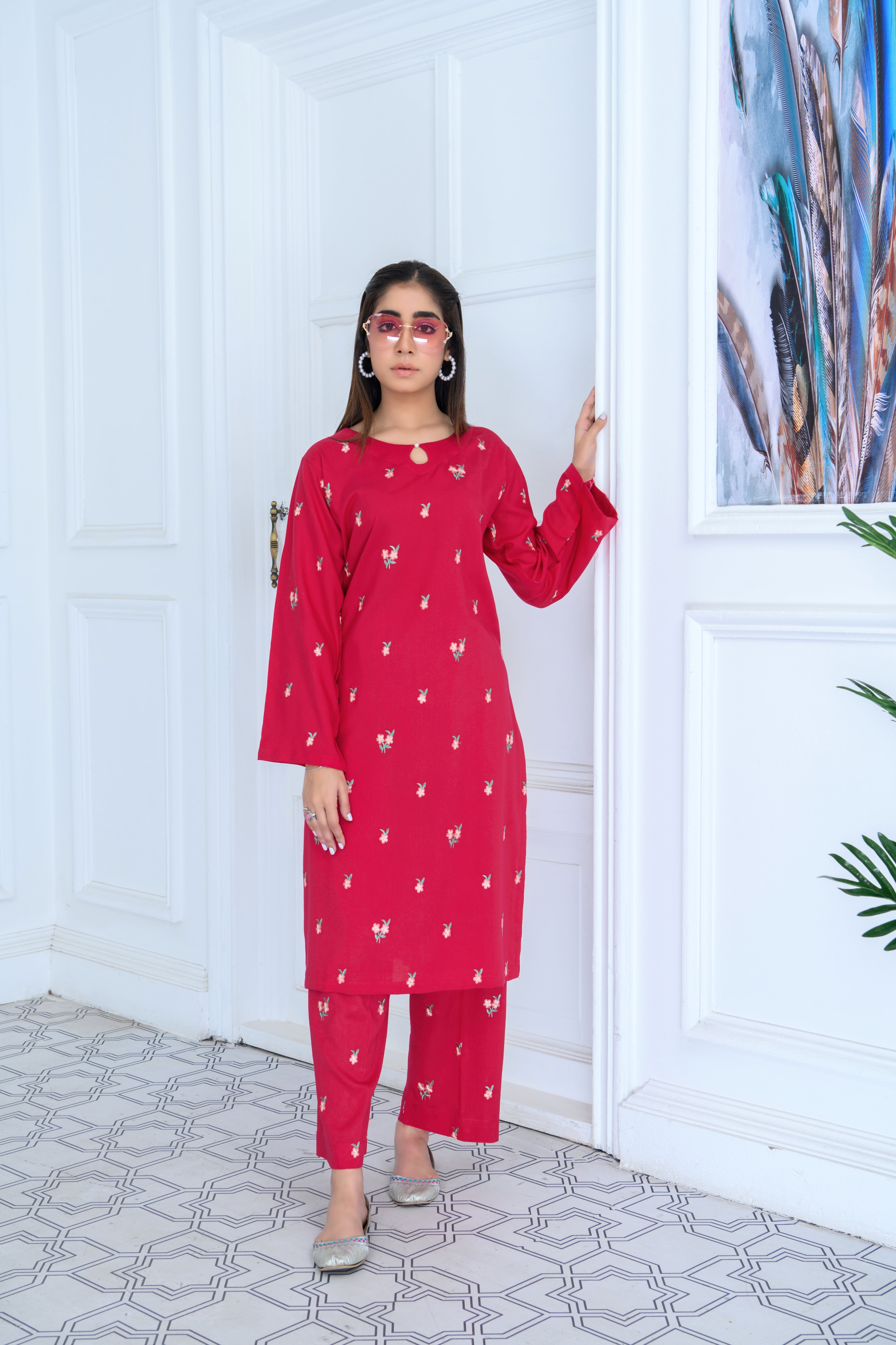 FW24-109 DEEP PINK 2PCS EMBROIDERED KURTA WITH TROUSER - SHAYNARI