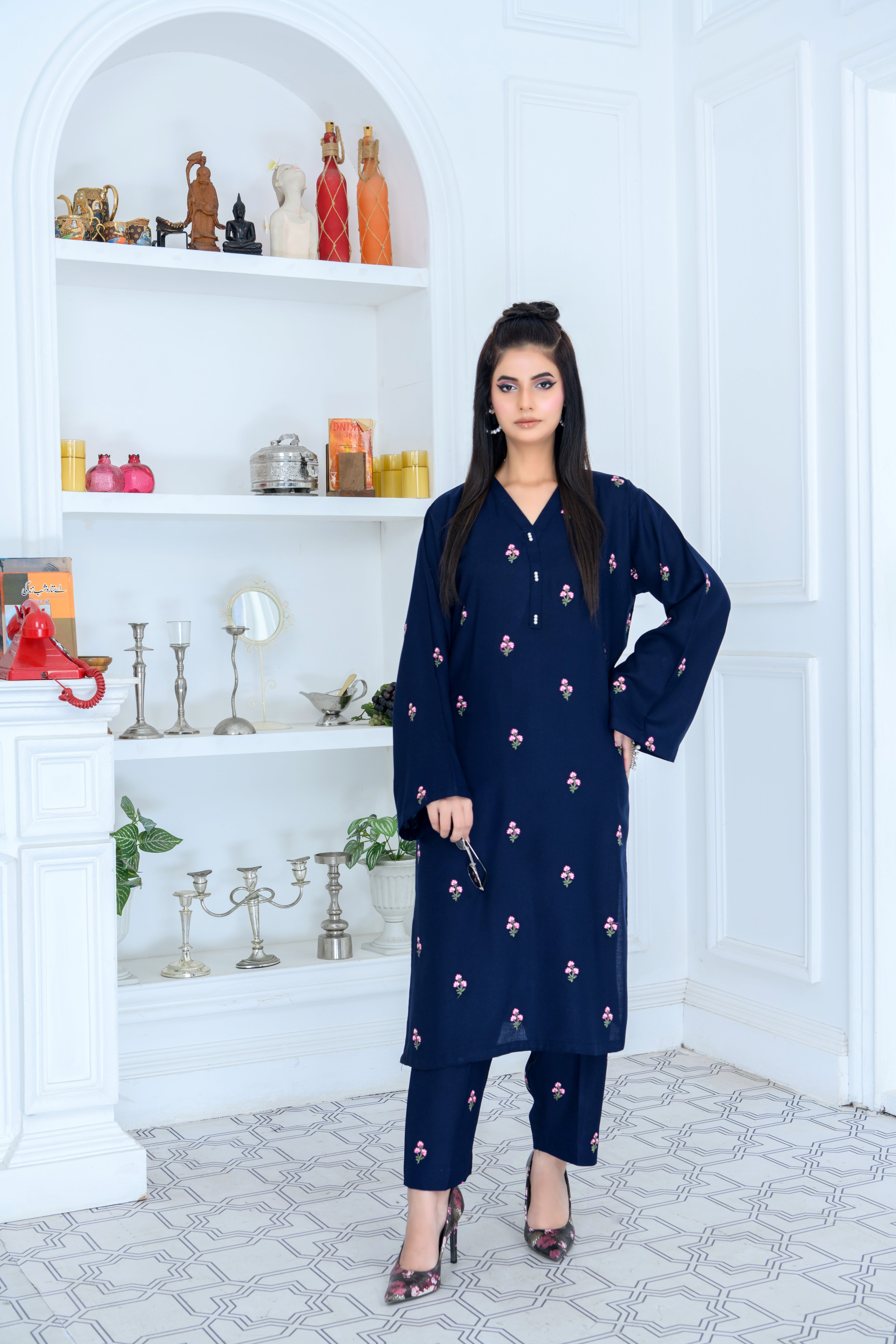 FW24-104 BLUE 2PCS EMBROIDERED KURTA WITH TROUSER - SHAYNARI