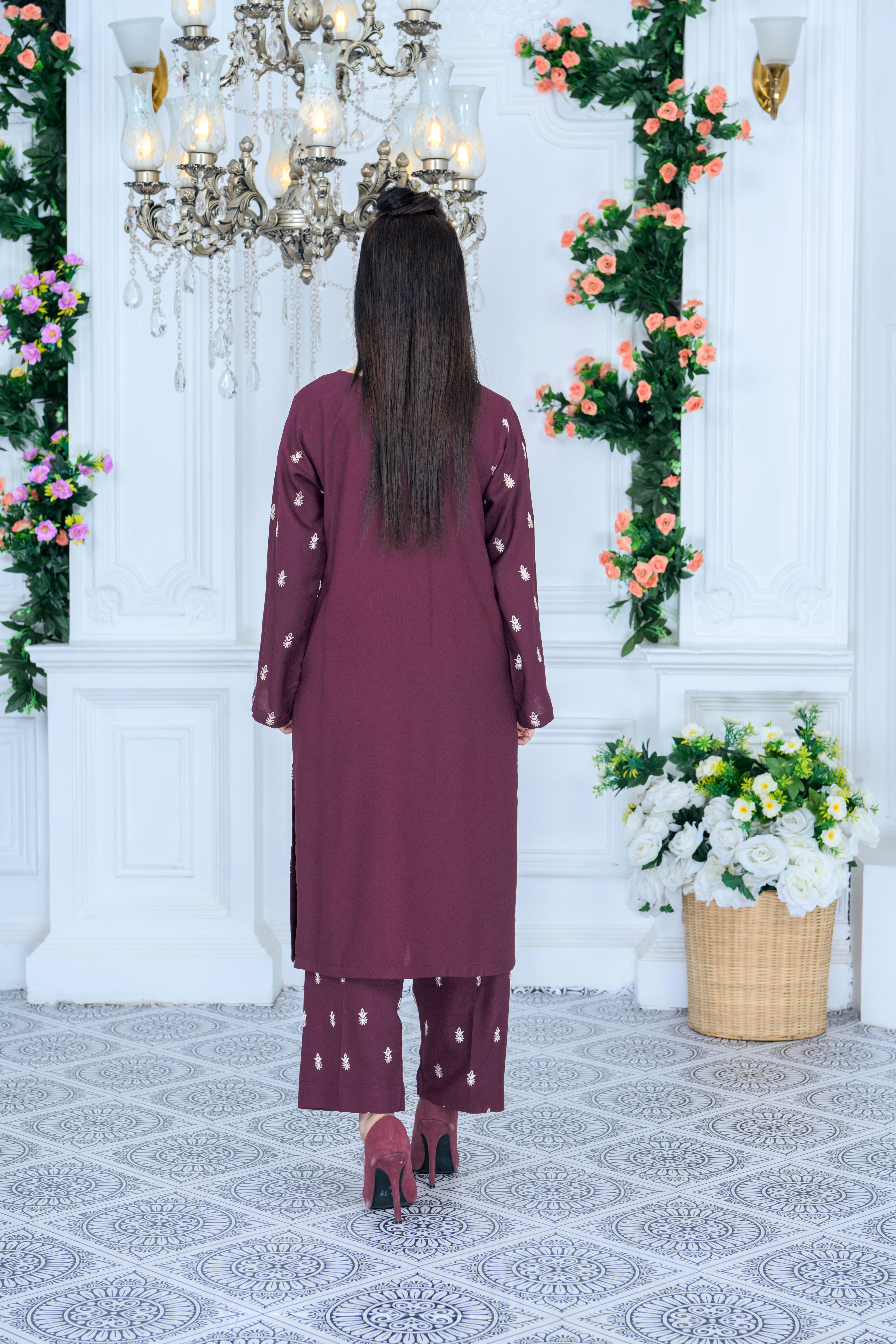 FW24-105 MAROON 2PCS EMBROIDERED KURTA WITH TROUSER - SHAYNARI