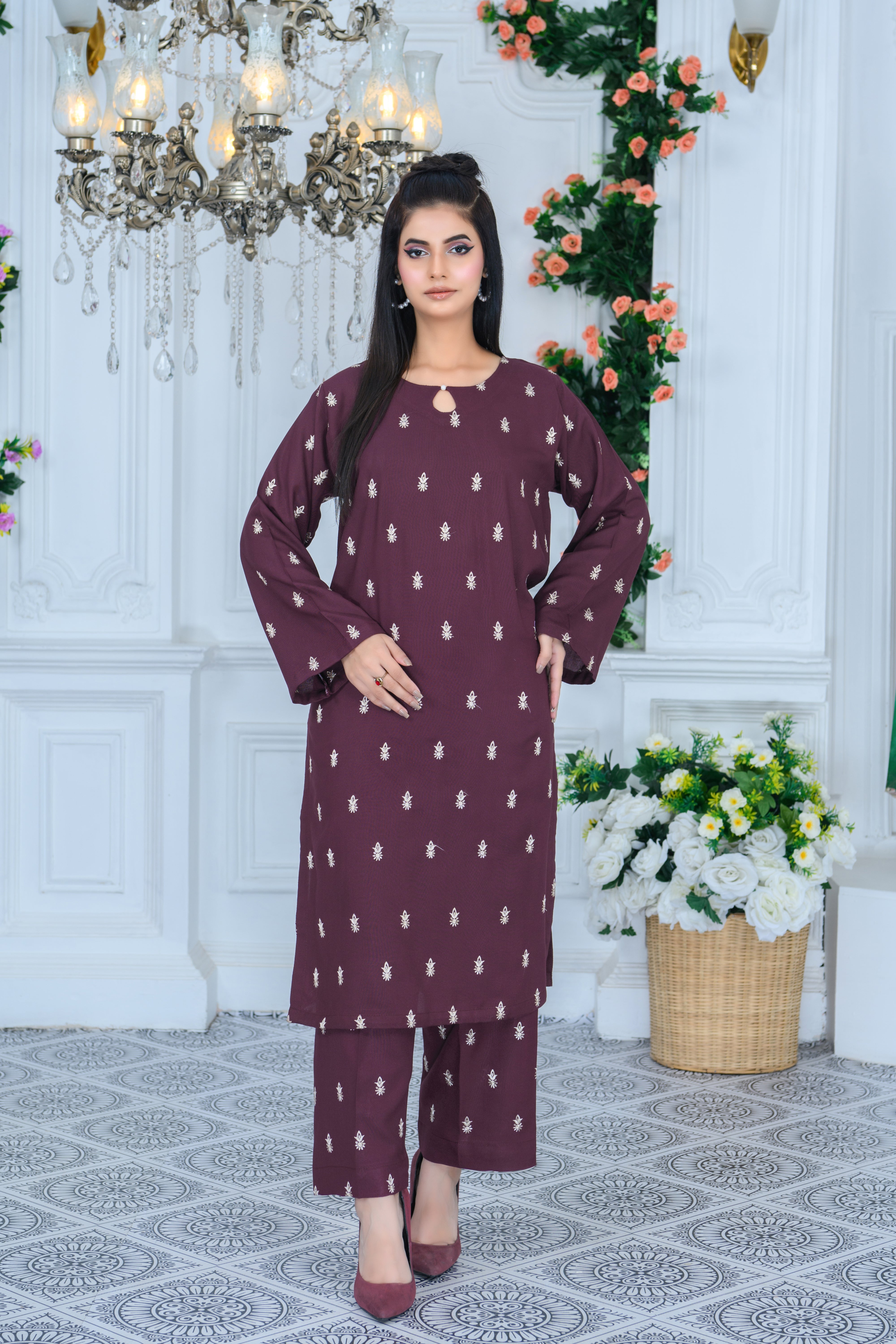 FW24-105 MAROON 2PCS EMBROIDERED KURTA WITH TROUSER - SHAYNARI