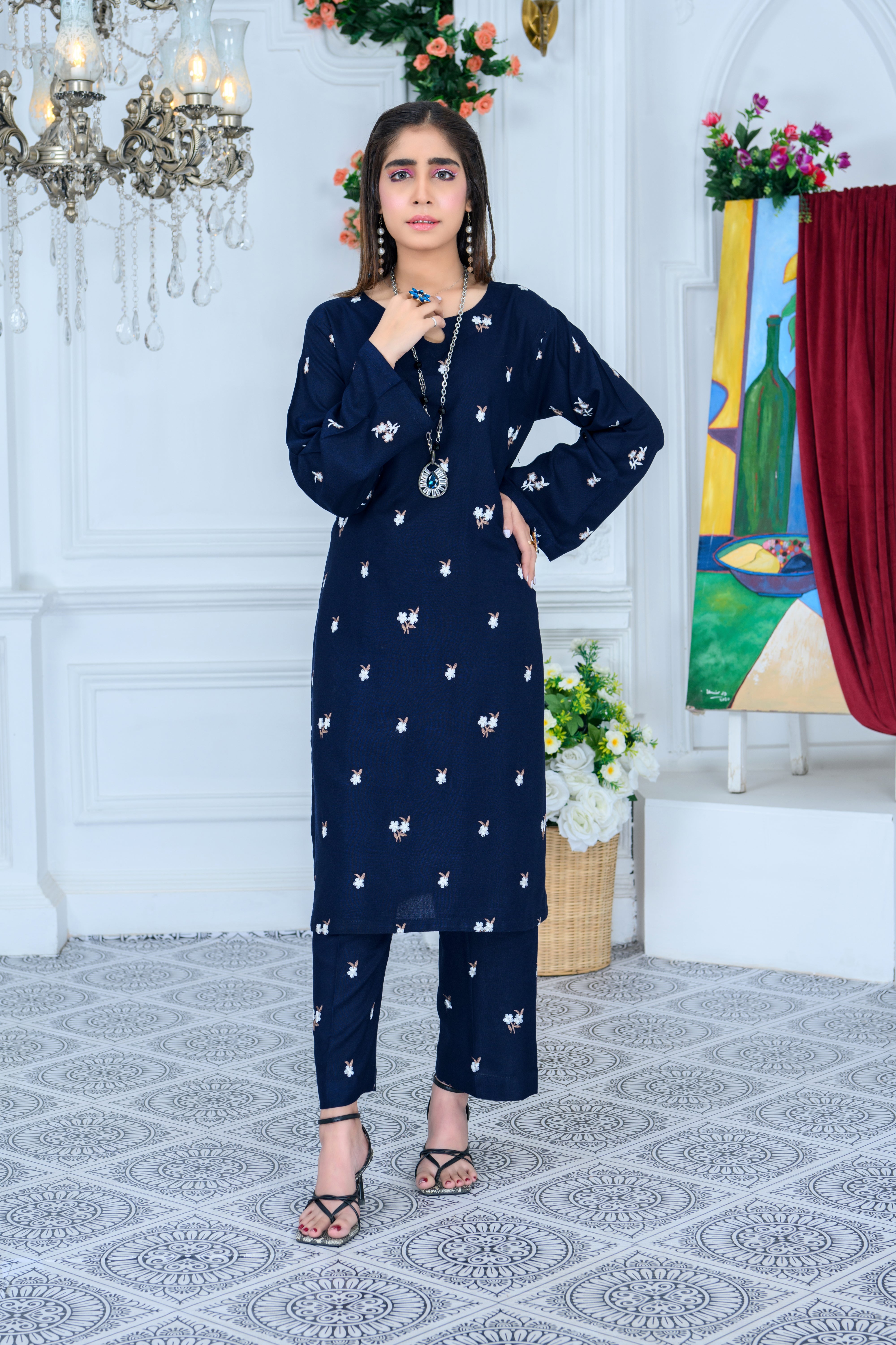 FW24-103 BLUE 2PCS EMBROIDERED KURTA WITH TROUSER - SHAYNARI