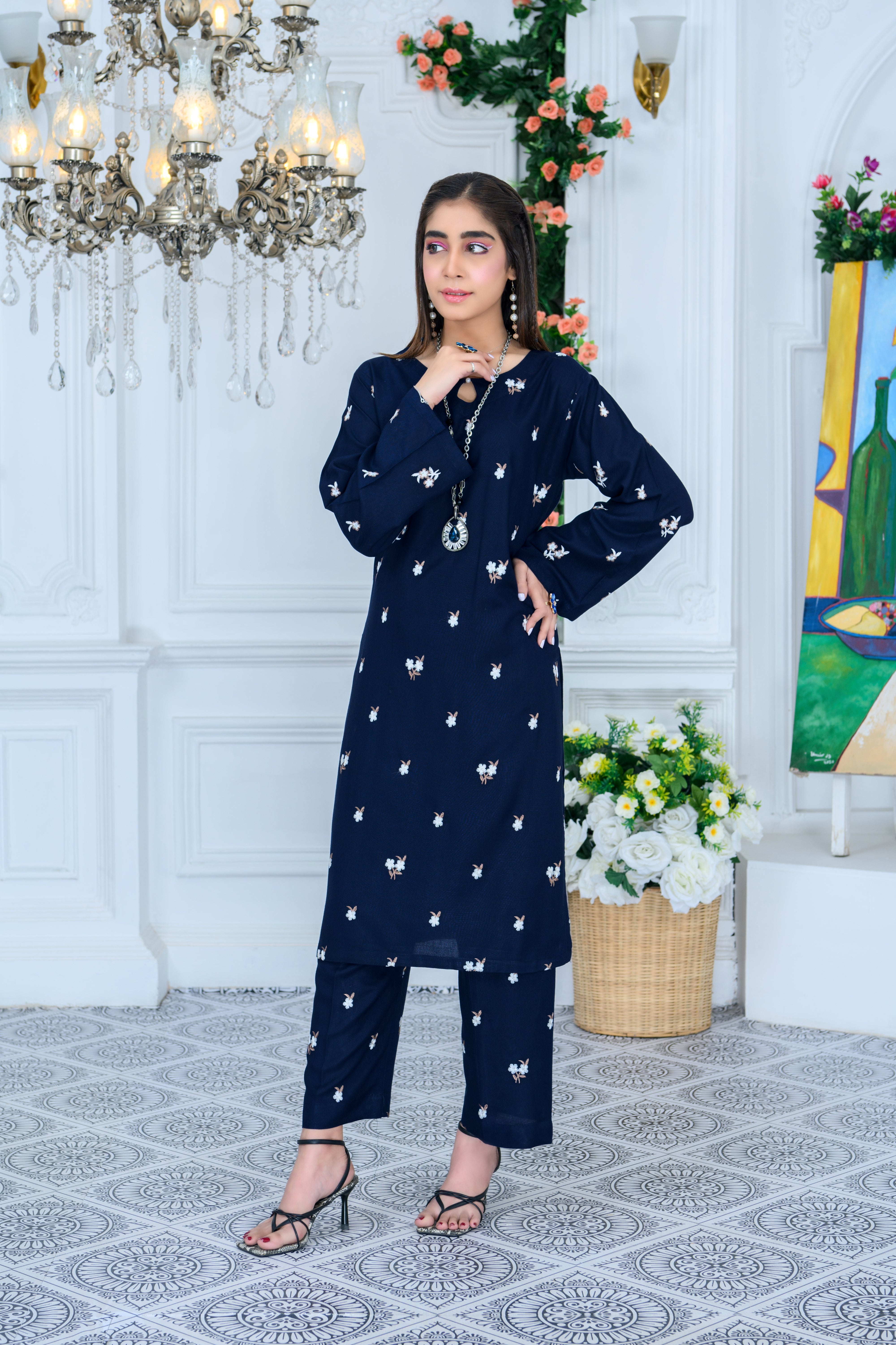 FW24-103 BLUE 2PCS EMBROIDERED KURTA WITH TROUSER - SHAYNARI