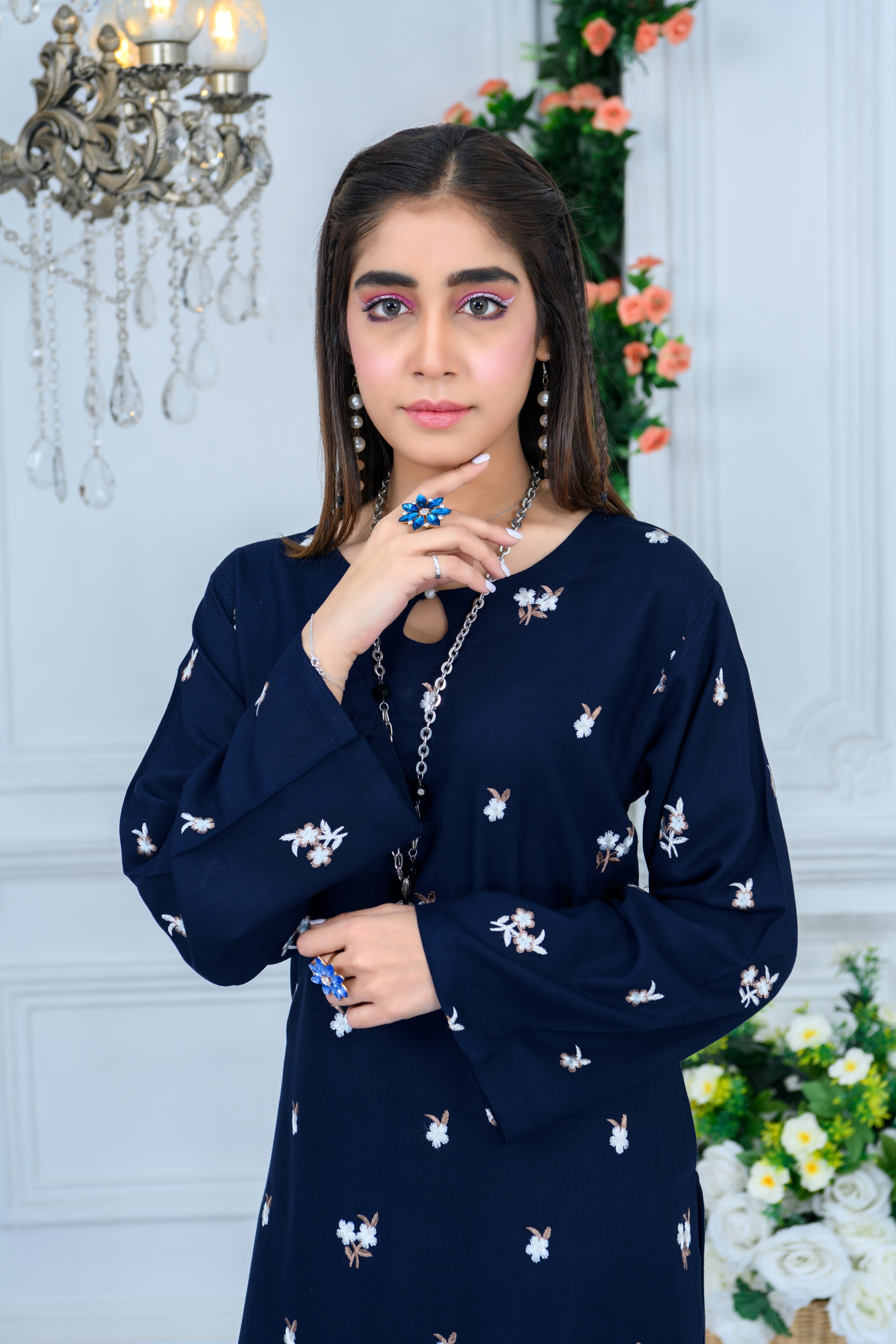 FW24-103 BLUE 2PCS EMBROIDERED KURTA WITH TROUSER - SHAYNARI