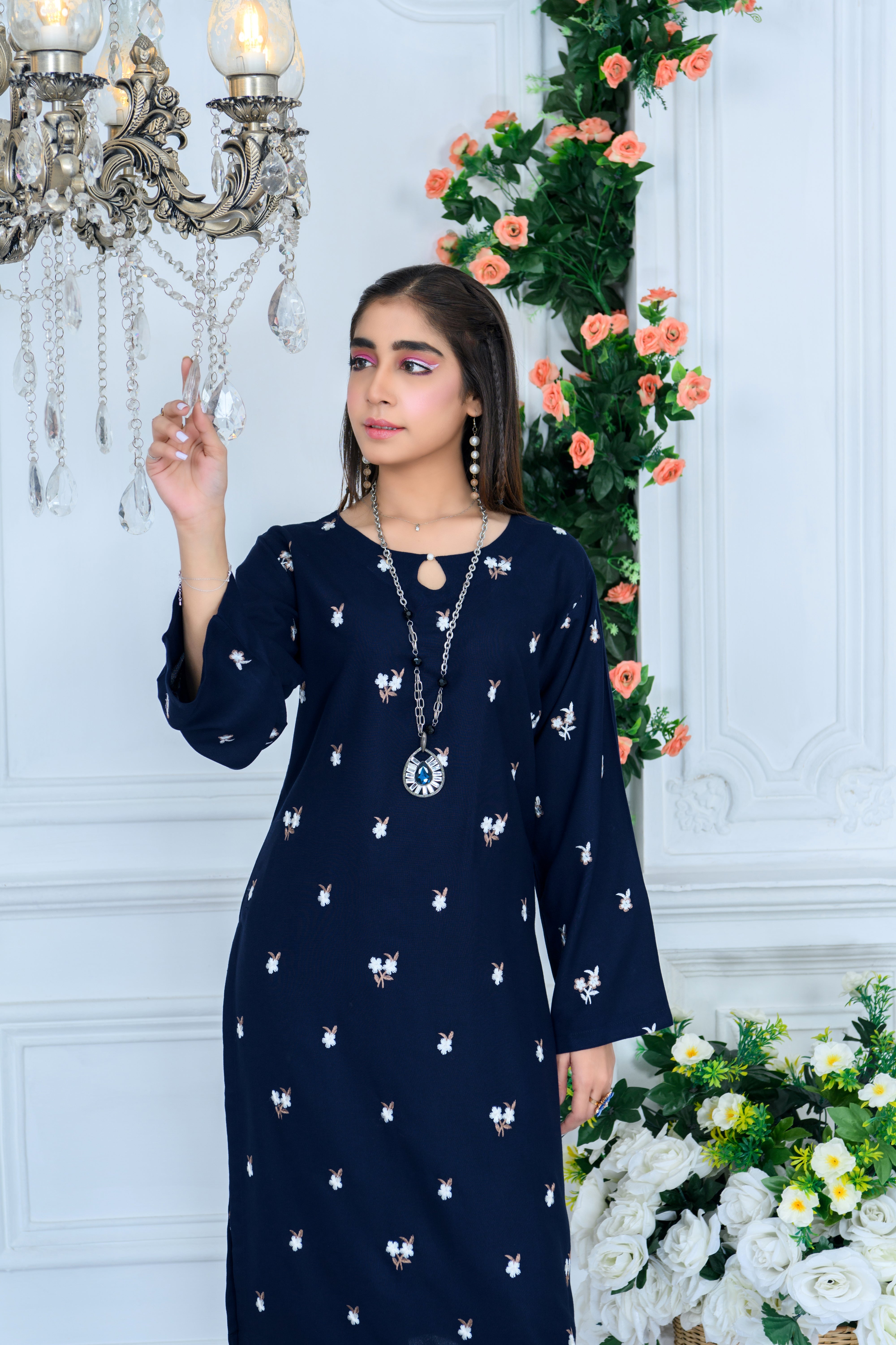 FW24-103 BLUE 2PCS EMBROIDERED KURTA WITH TROUSER - SHAYNARI