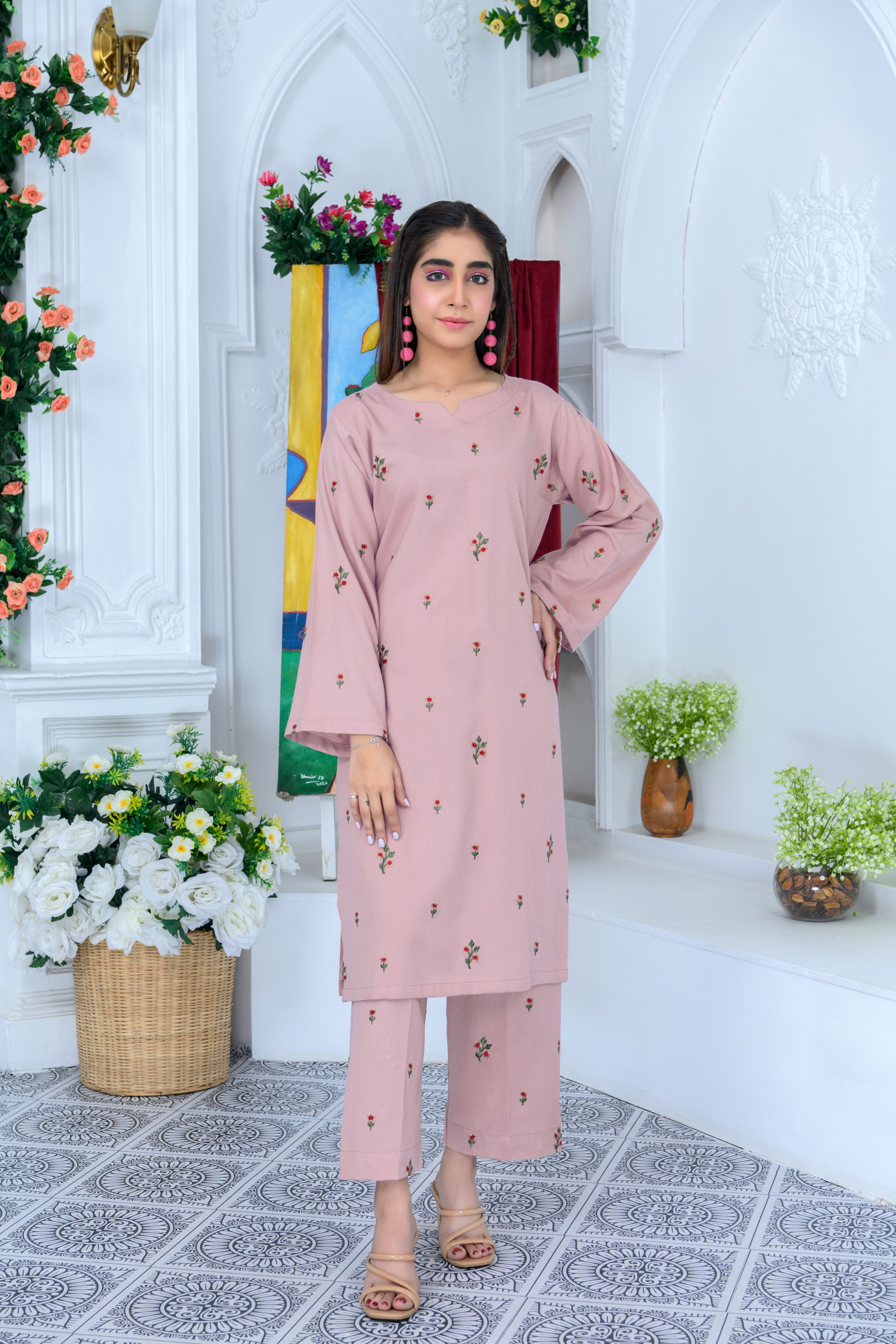 FW24-112 T-PINK 2PCS EMBROIDERED KURTA WITH TROUSER - SHAYNARI