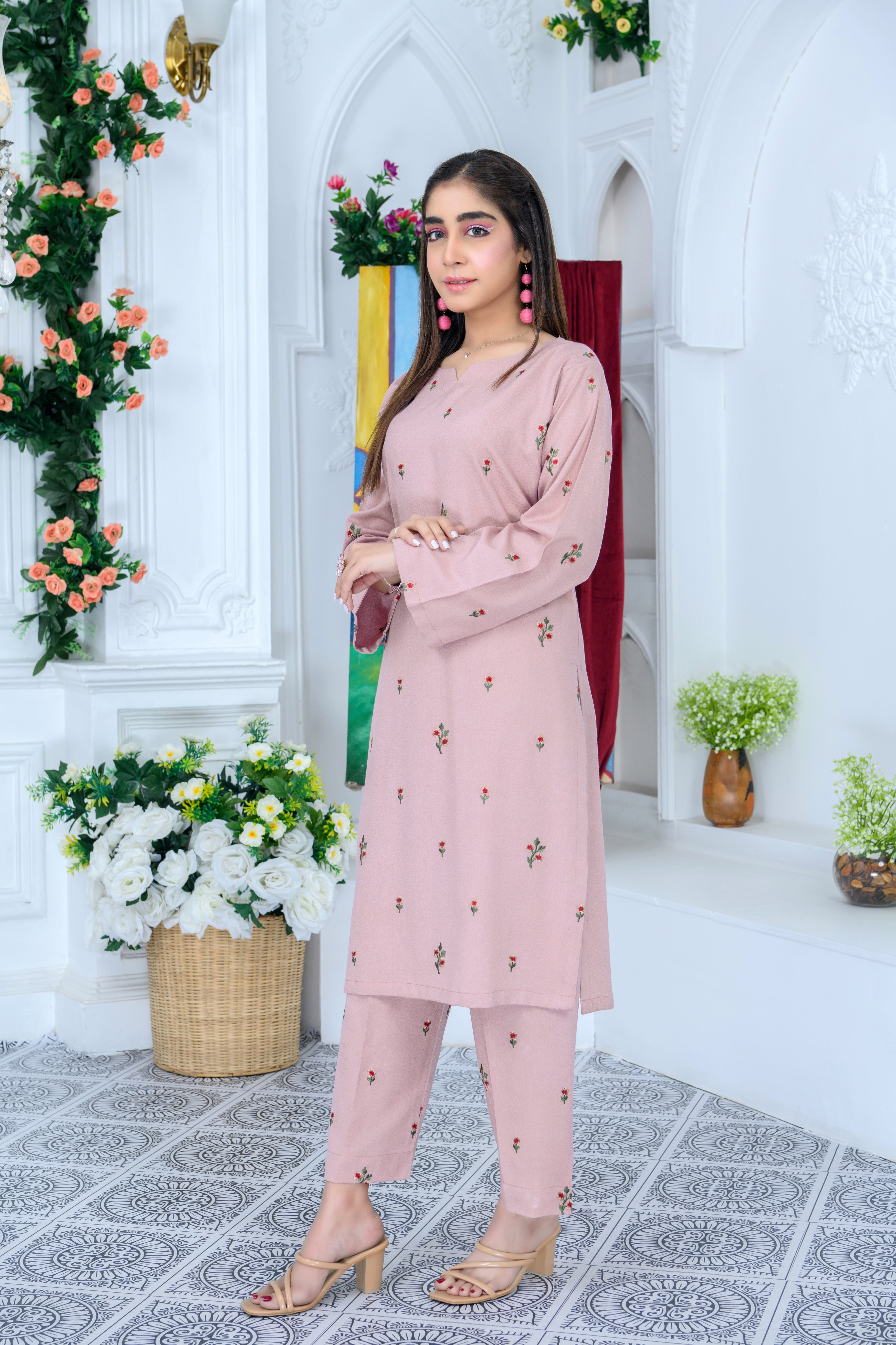 FW24-112 T-PINK 2PCS EMBROIDERED KURTA WITH TROUSER - SHAYNARI