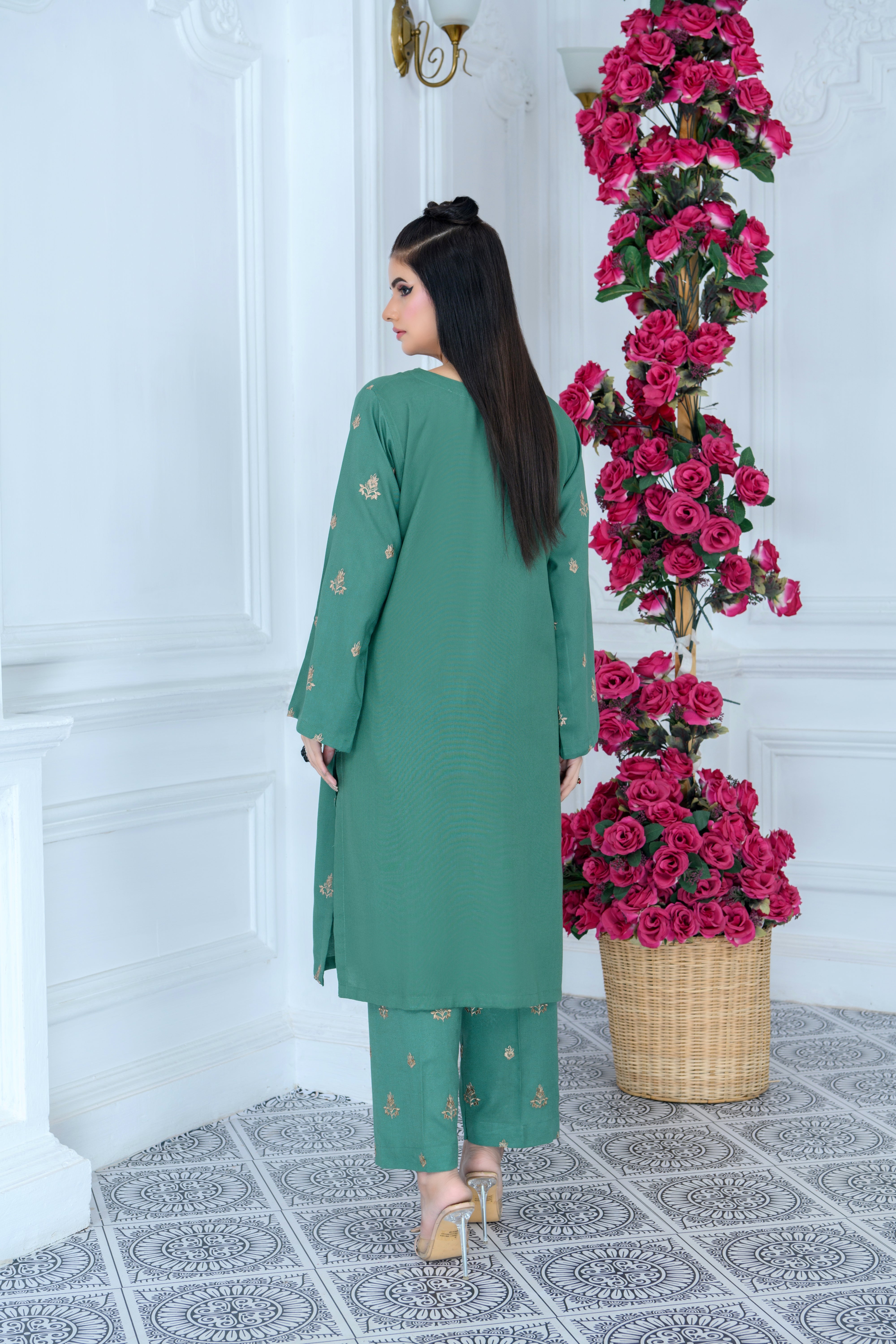 FW24-108 LIGHT GREEN 2PCS EMBROIDERED KURTA WITH TROUSER - SHAYNARI