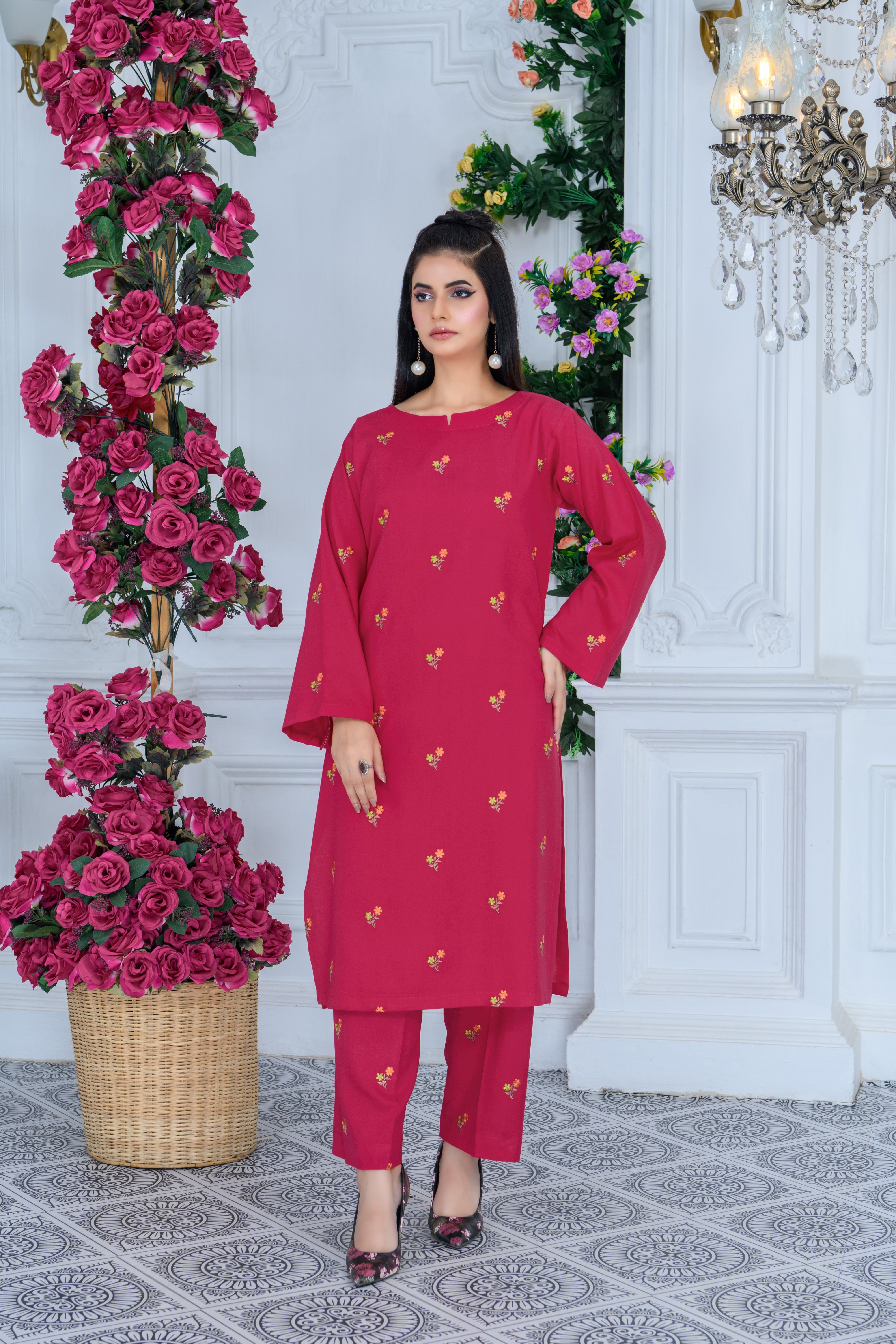 FW24-110 DEEP PINK 2PCS EMBROIDERED KURTA WITH TROUSER - SHAYNARI