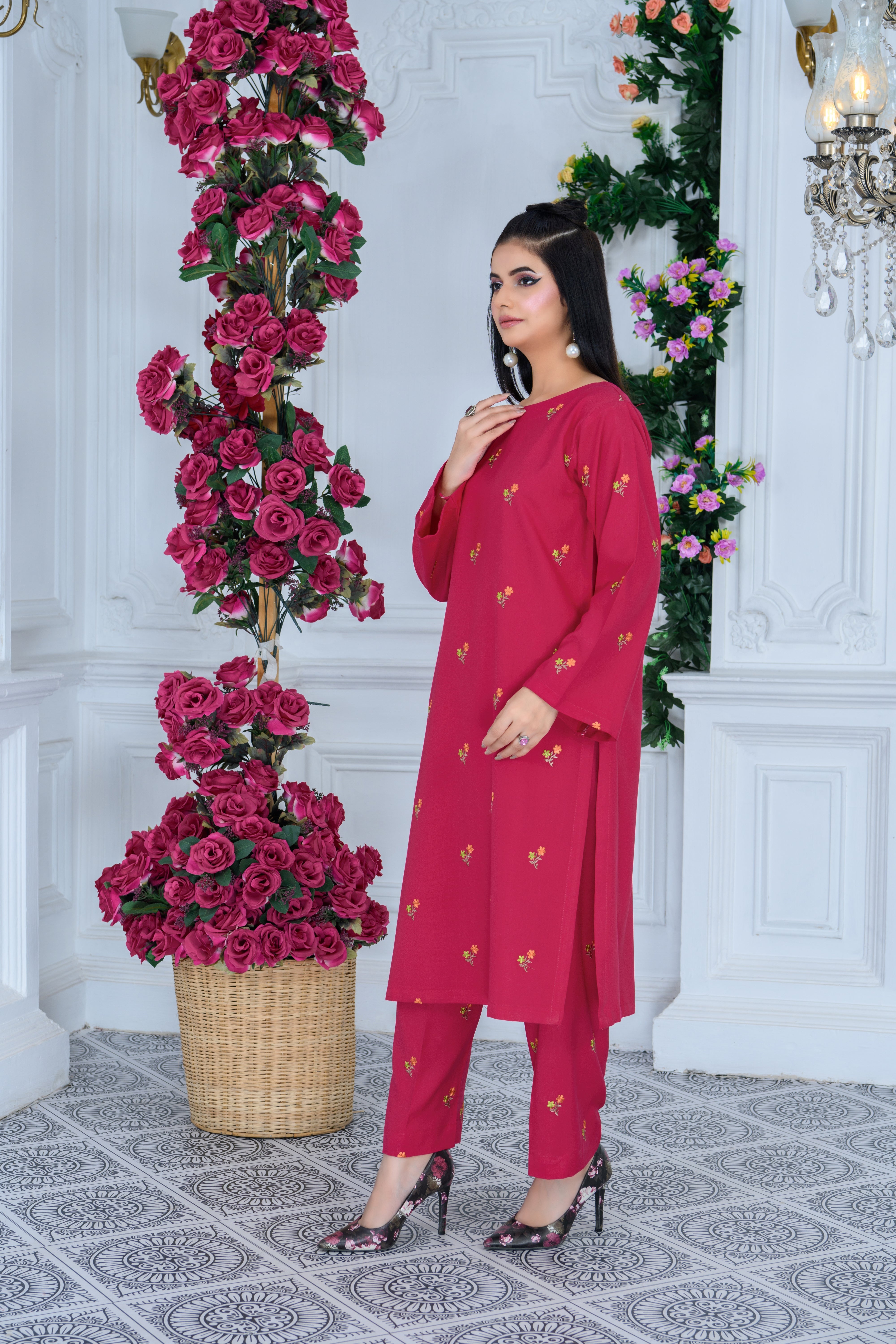 FW24-110 DEEP PINK 2PCS EMBROIDERED KURTA WITH TROUSER - SHAYNARI