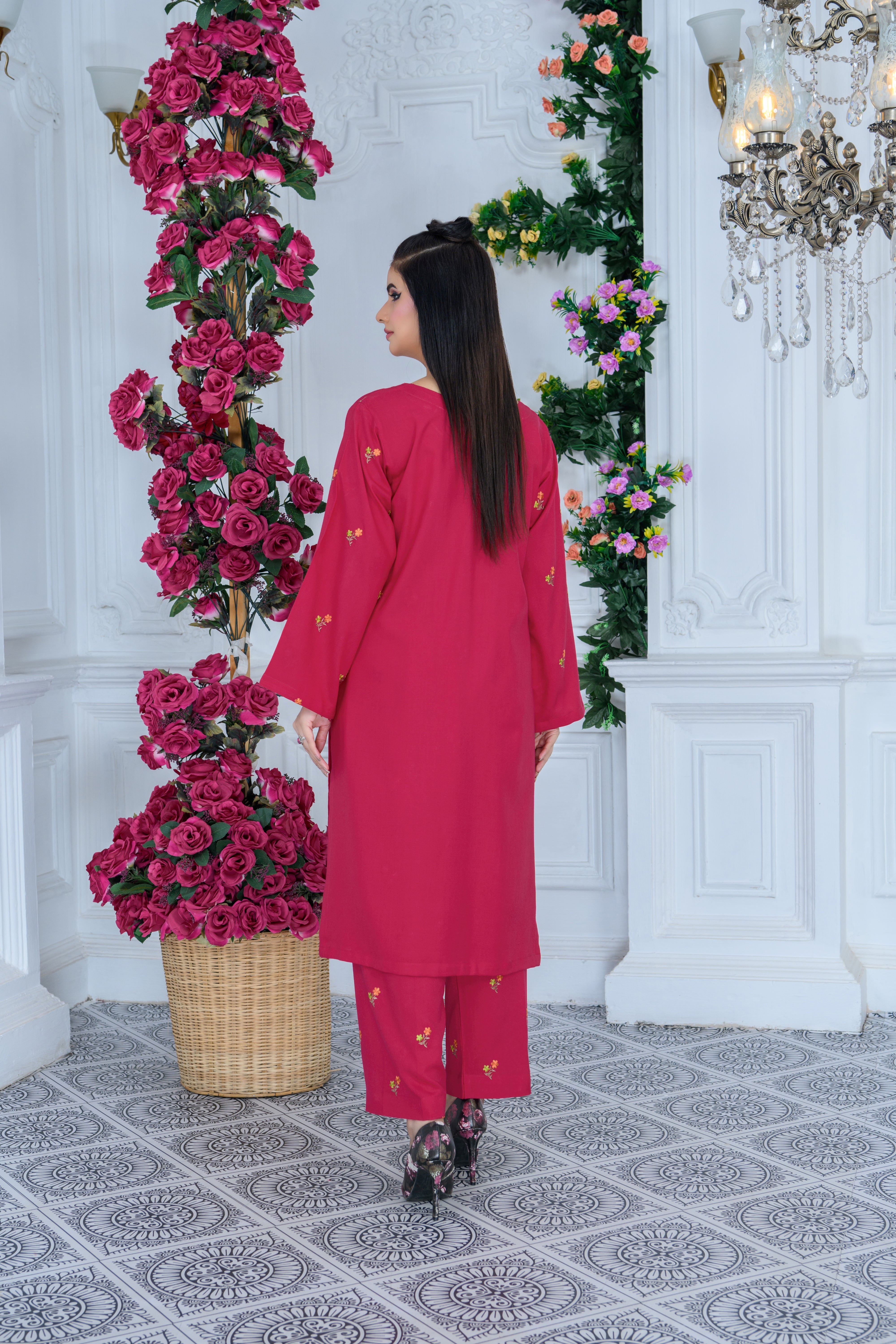 FW24-110 DEEP PINK 2PCS EMBROIDERED KURTA WITH TROUSER - SHAYNARI