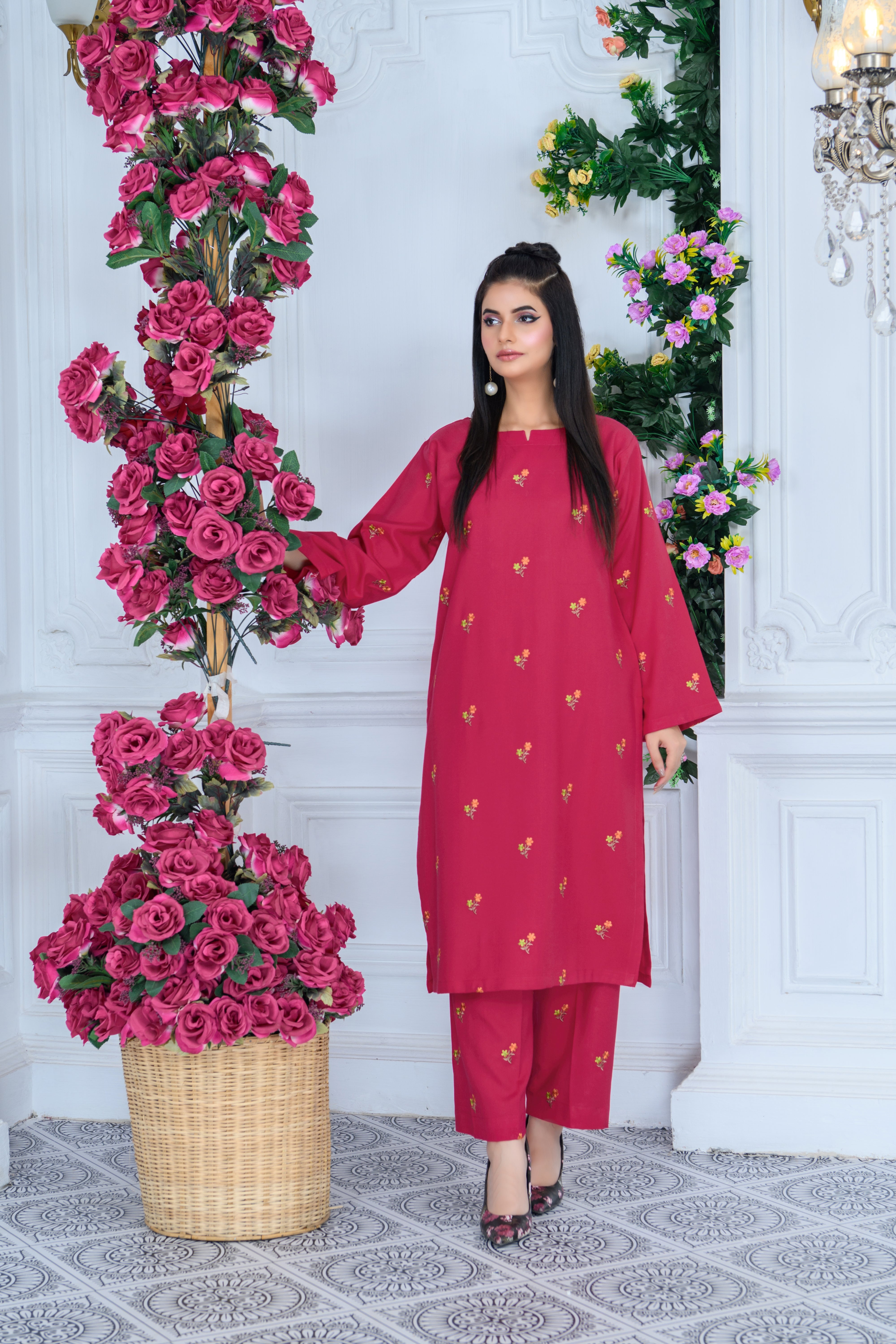 FW24-110 DEEP PINK 2PCS EMBROIDERED KURTA WITH TROUSER - SHAYNARI