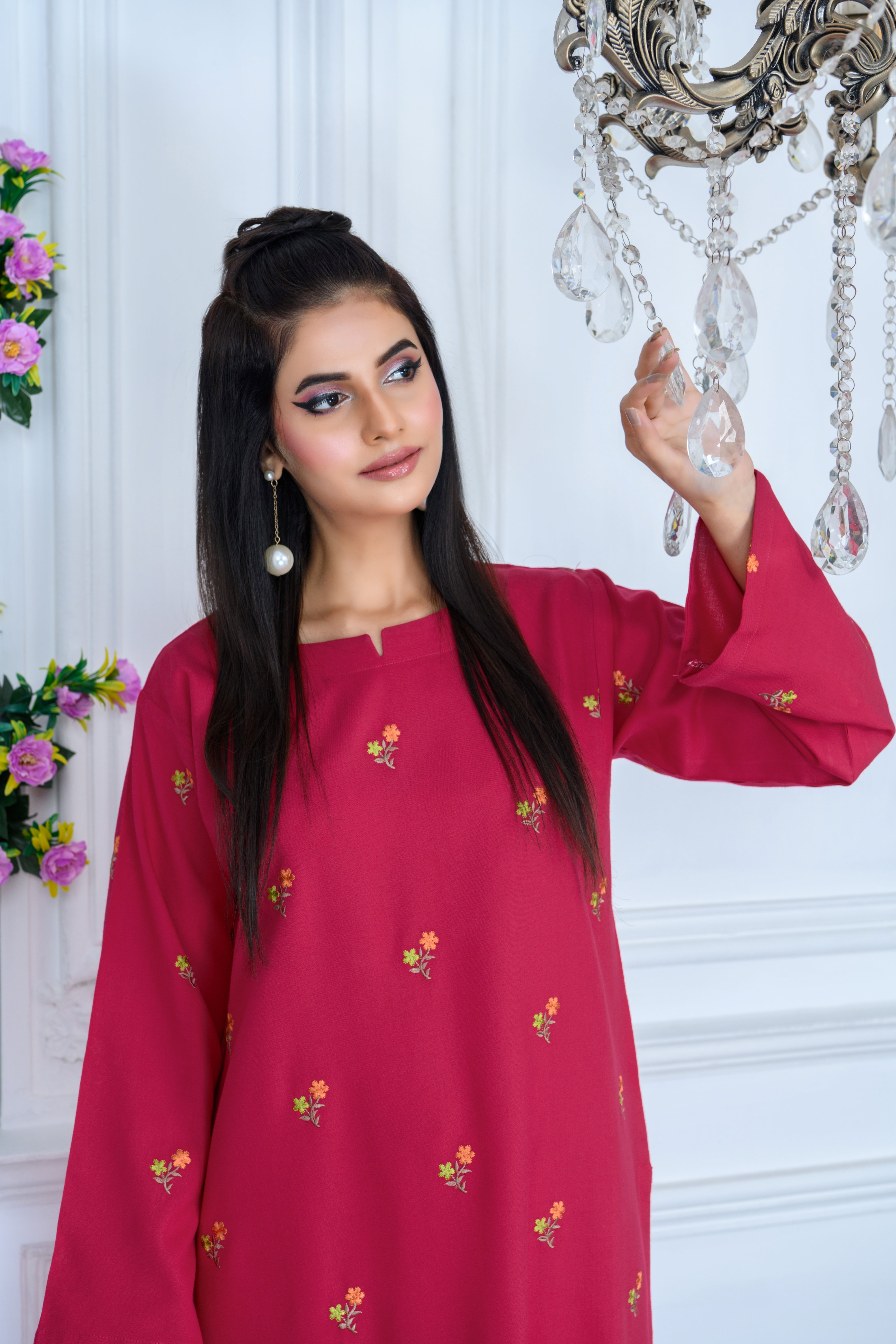 FW24-110 DEEP PINK 2PCS EMBROIDERED KURTA WITH TROUSER - SHAYNARI