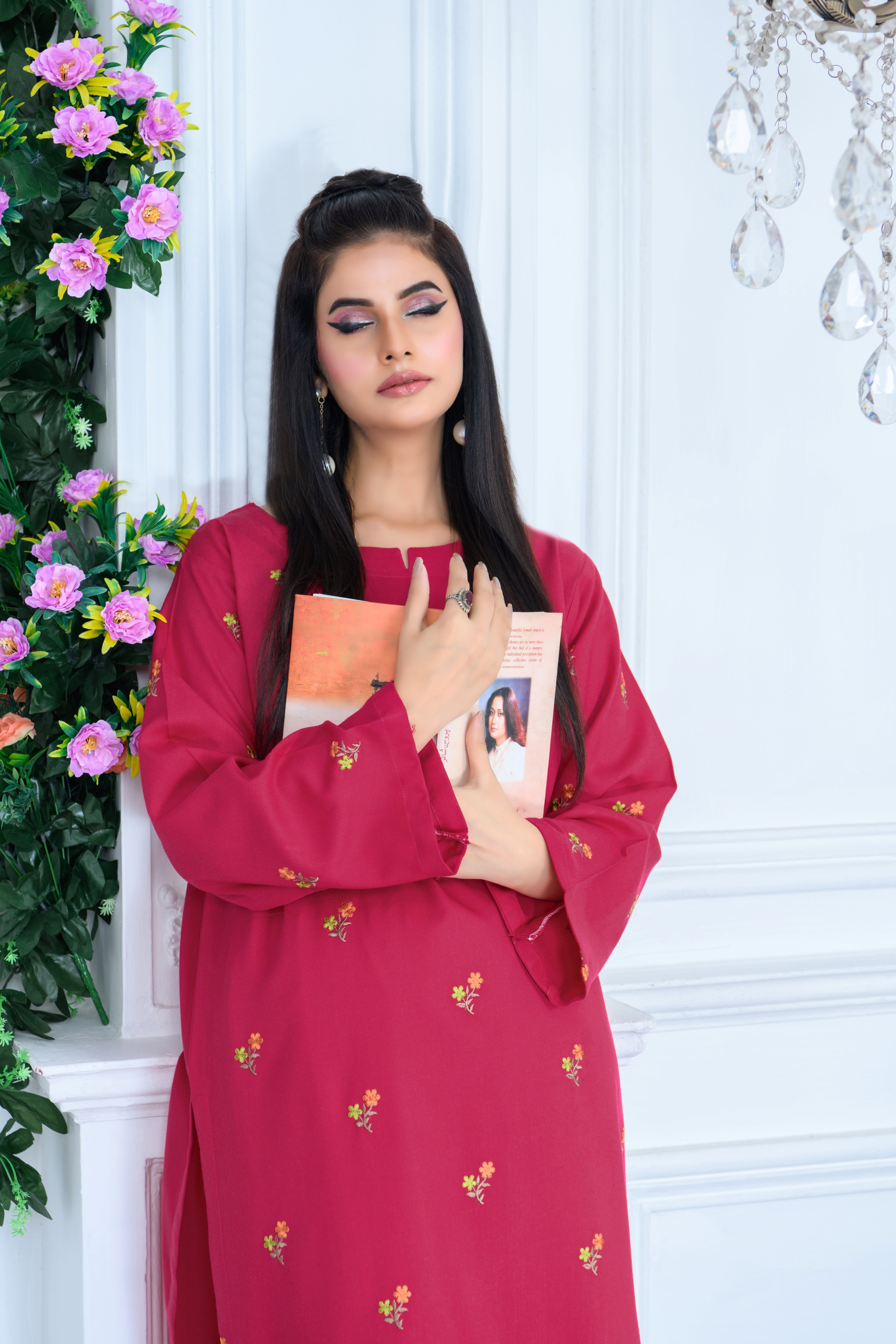 FW24-110 DEEP PINK 2PCS EMBROIDERED KURTA WITH TROUSER - SHAYNARI