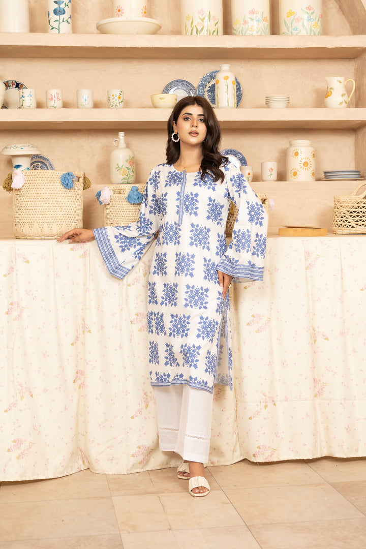 SS25-36 2PC Lawn Printed Shirt With White Trouser