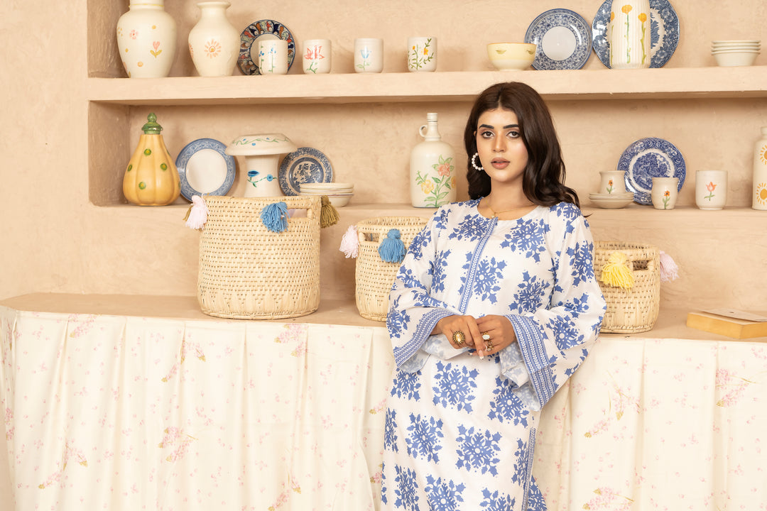 SS25-36 2PC Lawn Printed Shirt With White Trouser