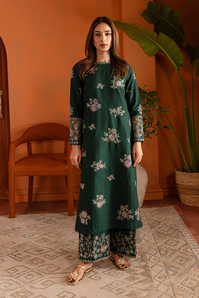 W-346 2PC  Bottle Green  Embroidered Lawn Dress