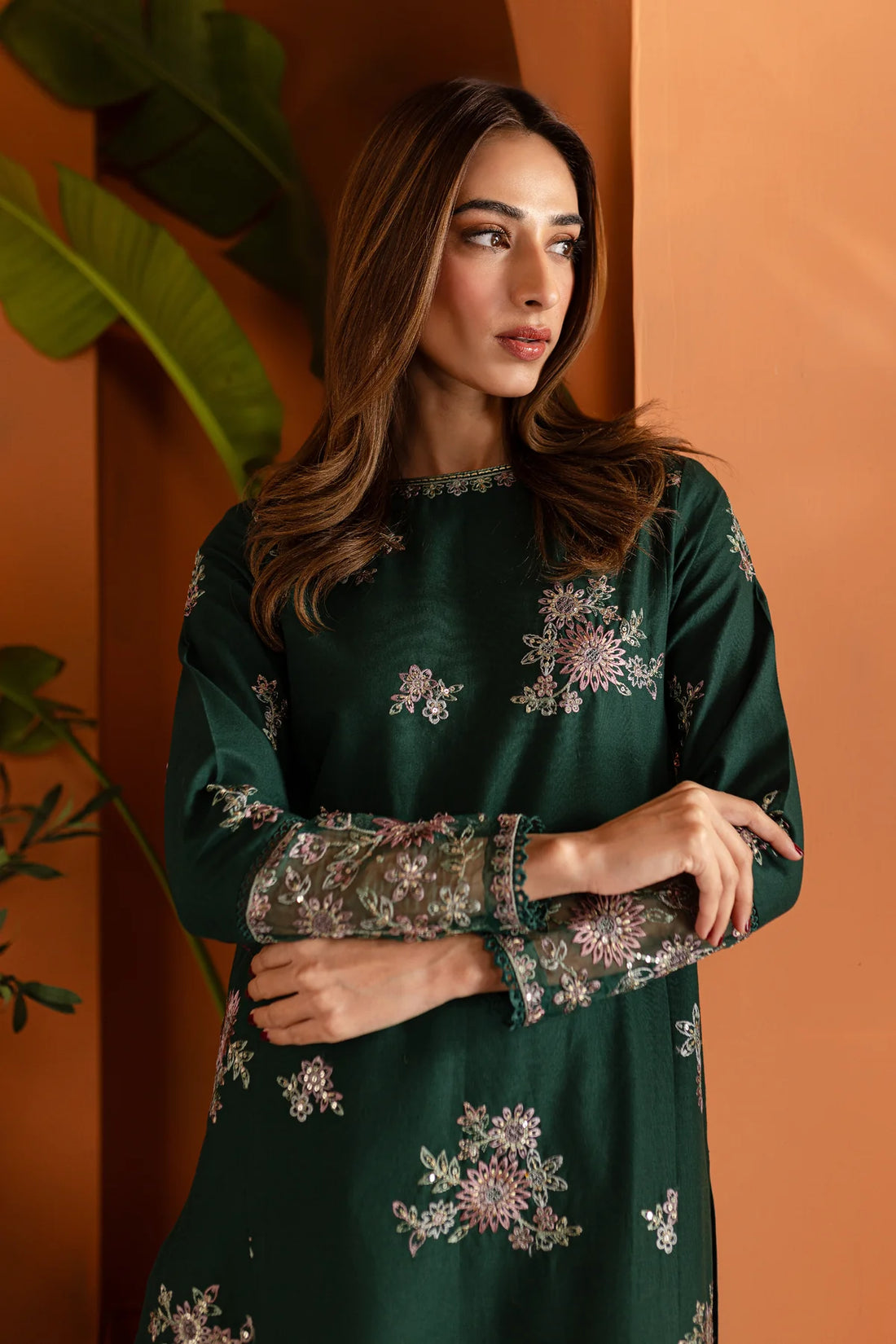 W-346 2PC  Bottle Green  Embroidered Lawn Dress