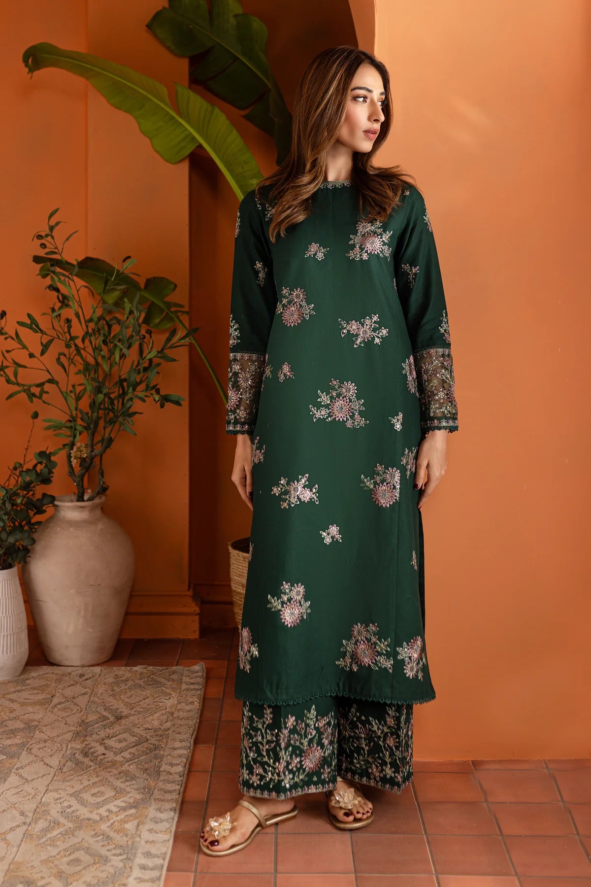 W-346 2PC  Bottle Green  Embroidered Lawn Dress