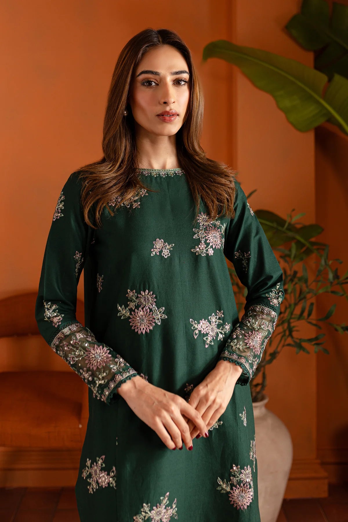 W-346 2PC Bottle Green Embroidered Lawn Dress  SHAYNARI