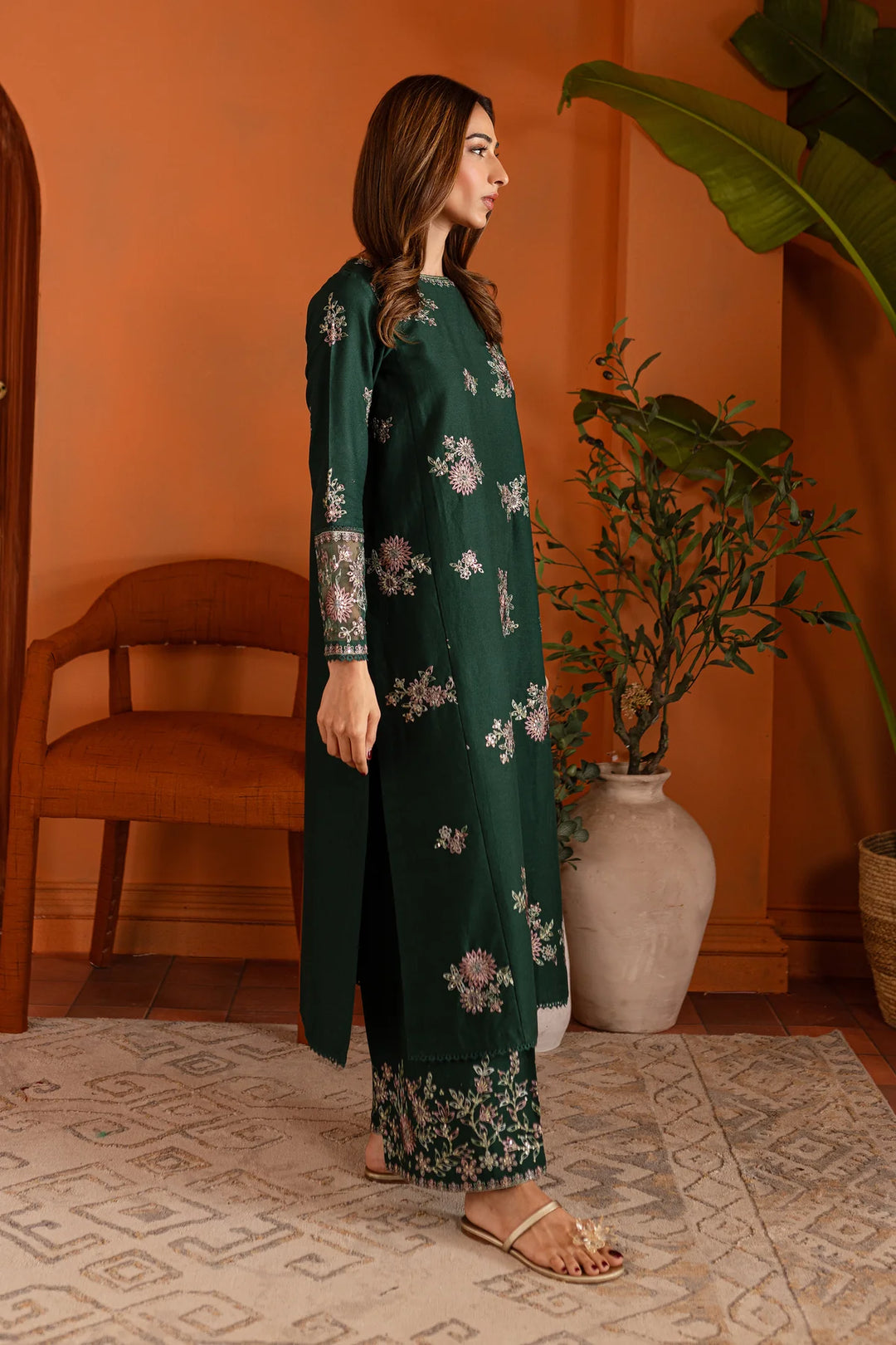 2PC  Bottle Green  Embroidered Lawn Dress