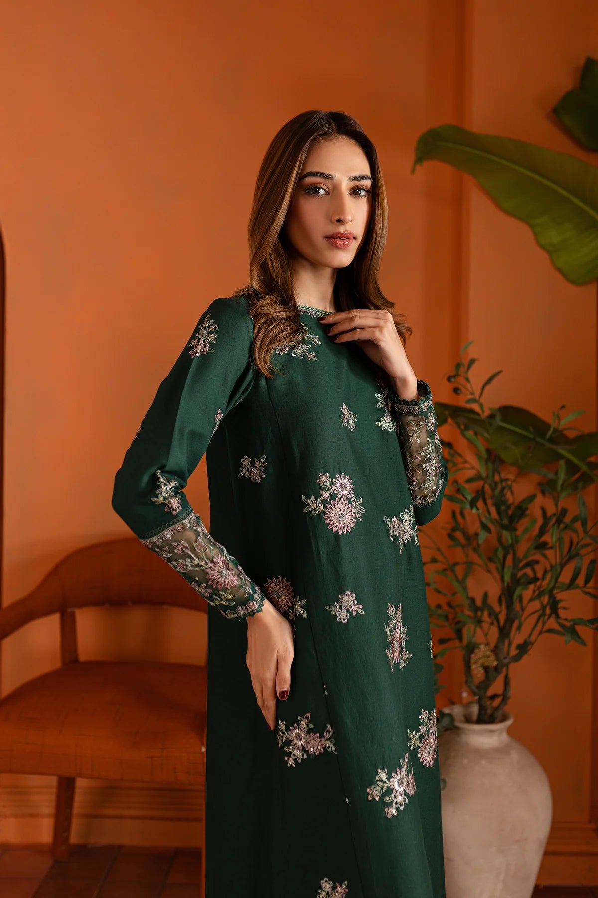W-346 2PC  Bottle Green  Embroidered Lawn Dress