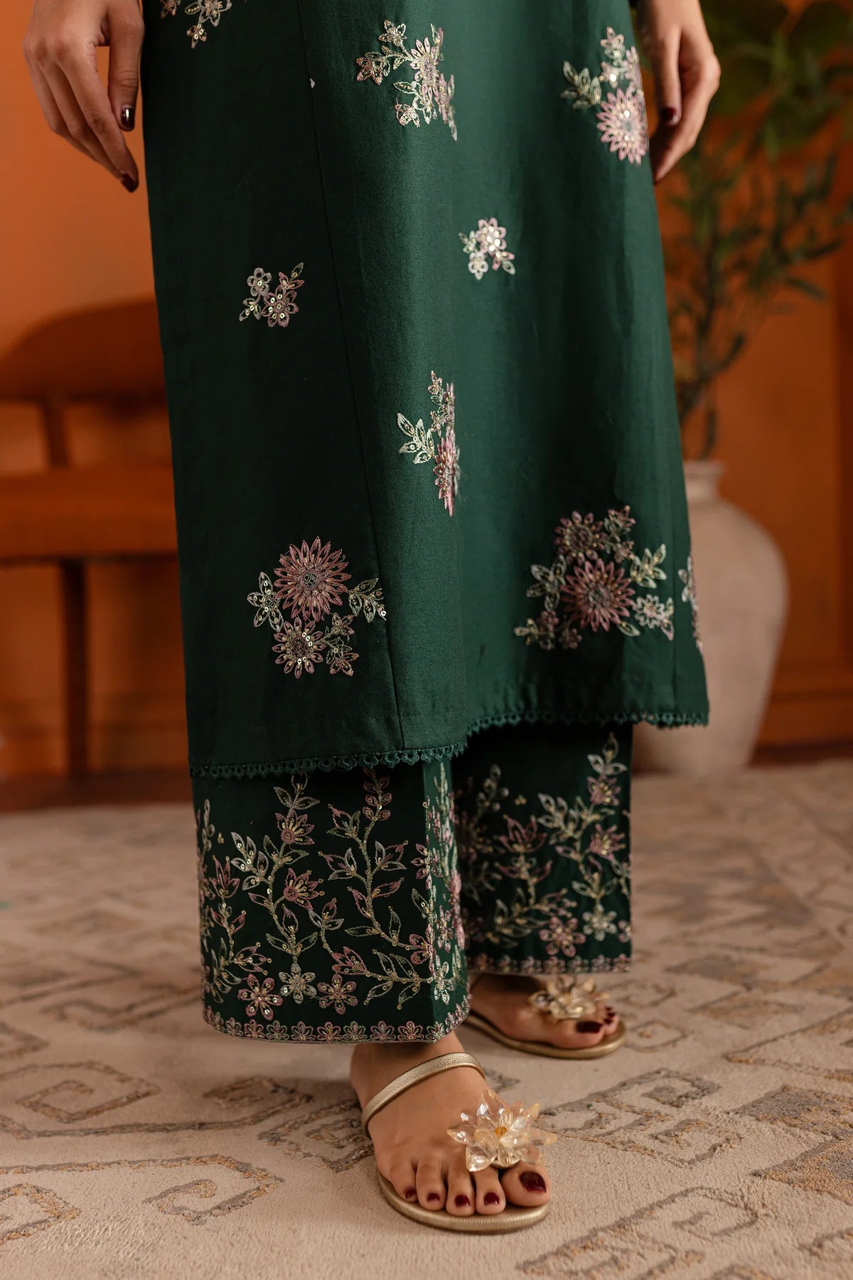 W-346 2PC  Bottle Green  Embroidered Lawn Dress