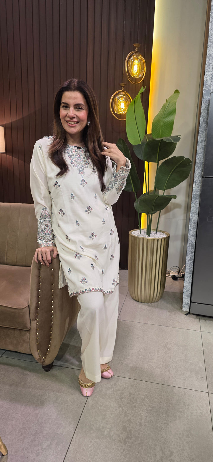 W25-122 2PC DHANAK EMBROIDERED WHITE SHIRT WITH TROUSER.