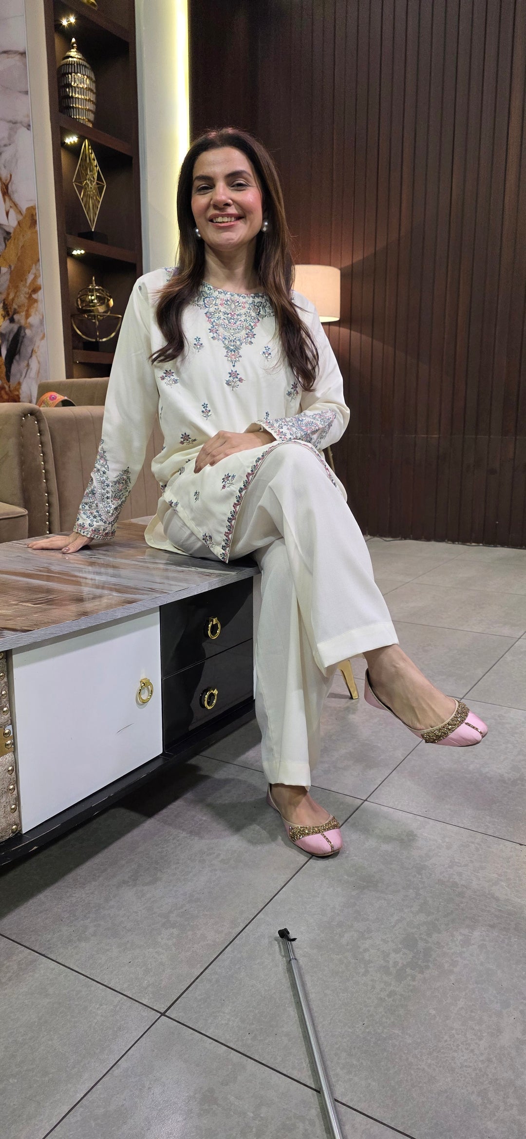 W25-122 2PC DHANAK EMBROIDERED WHITE SHIRT WITH TROUSER.