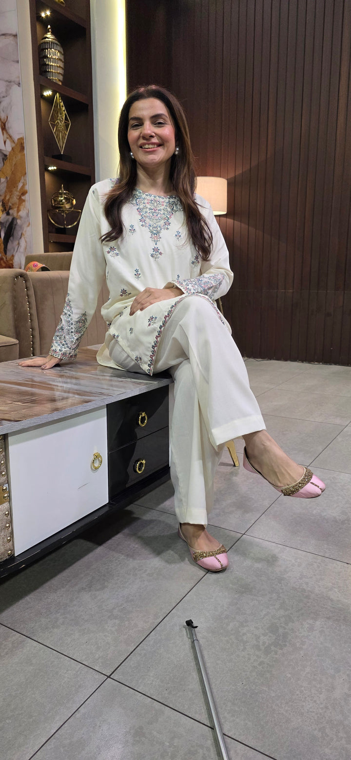 W25-122 2PC DHANAK EMBROIDERED WHITE SHIRT WITH TROUSER.