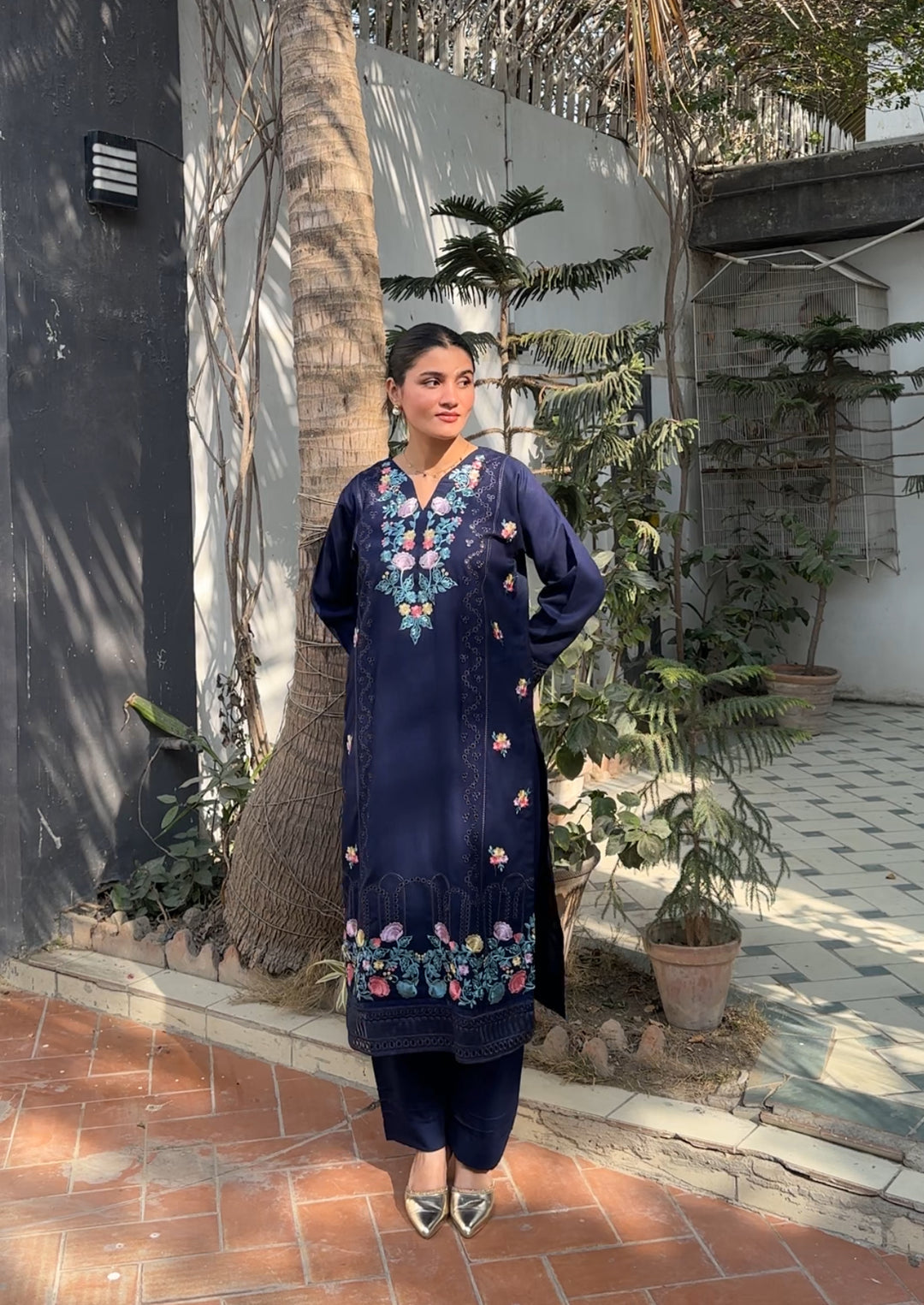 W25-121 2PC COTTON EMBROIDERED NAVY BLUE SHIRT WITH TROUSER.