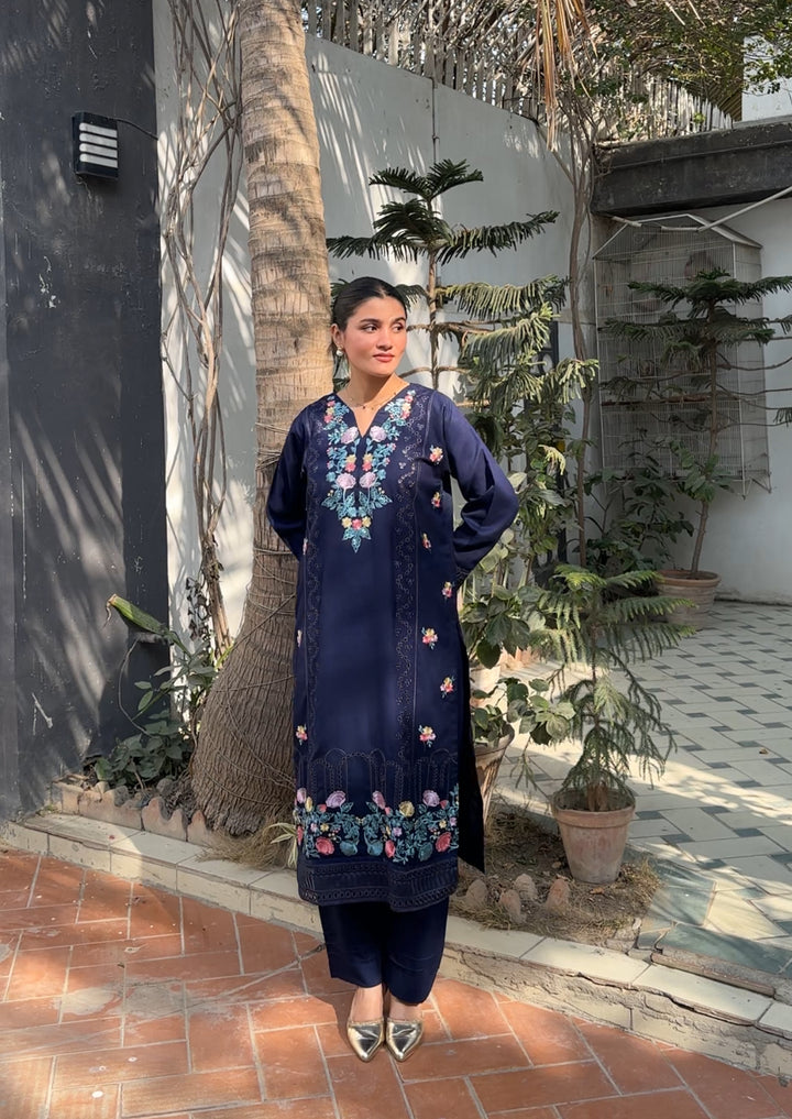 W25-121 2PC COTTON EMBROIDERED NAVY BLUE SHIRT WITH TROUSER.