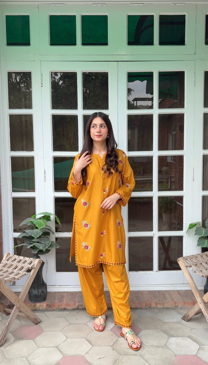 S-605 2PC Lawn Stitched Mustard Embroidered Shirt with Trouser