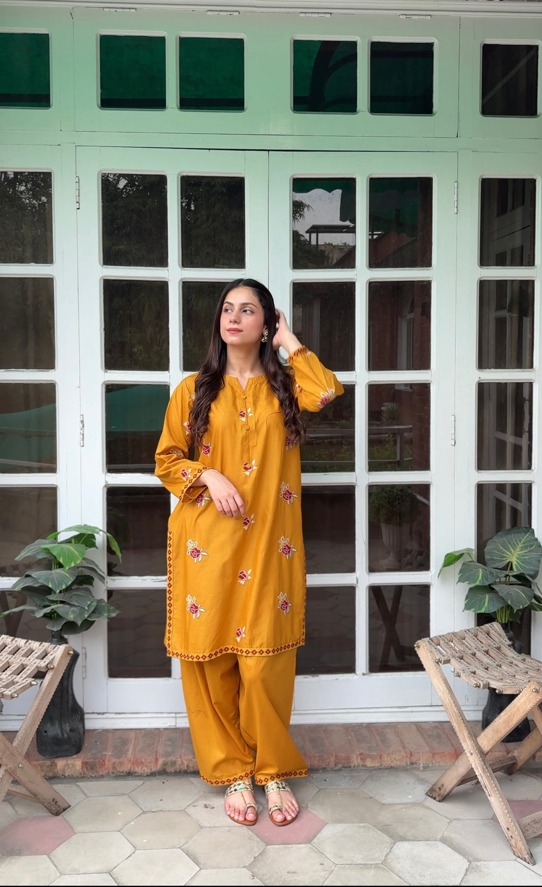 S-605 2PC Lawn Stitched Mustard Embroidered Shirt with Trouser