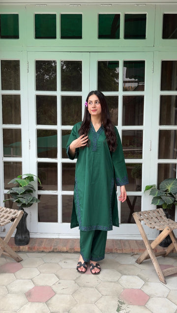 S-606 2PC Cotton Stitched Emerald Green Shirt with Trouser