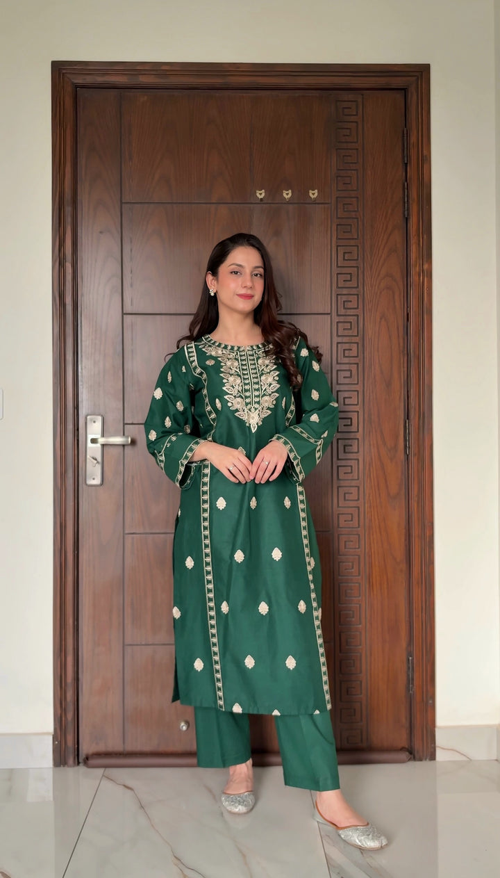 W-357 2Pc Green Embroidered Cotton Dress