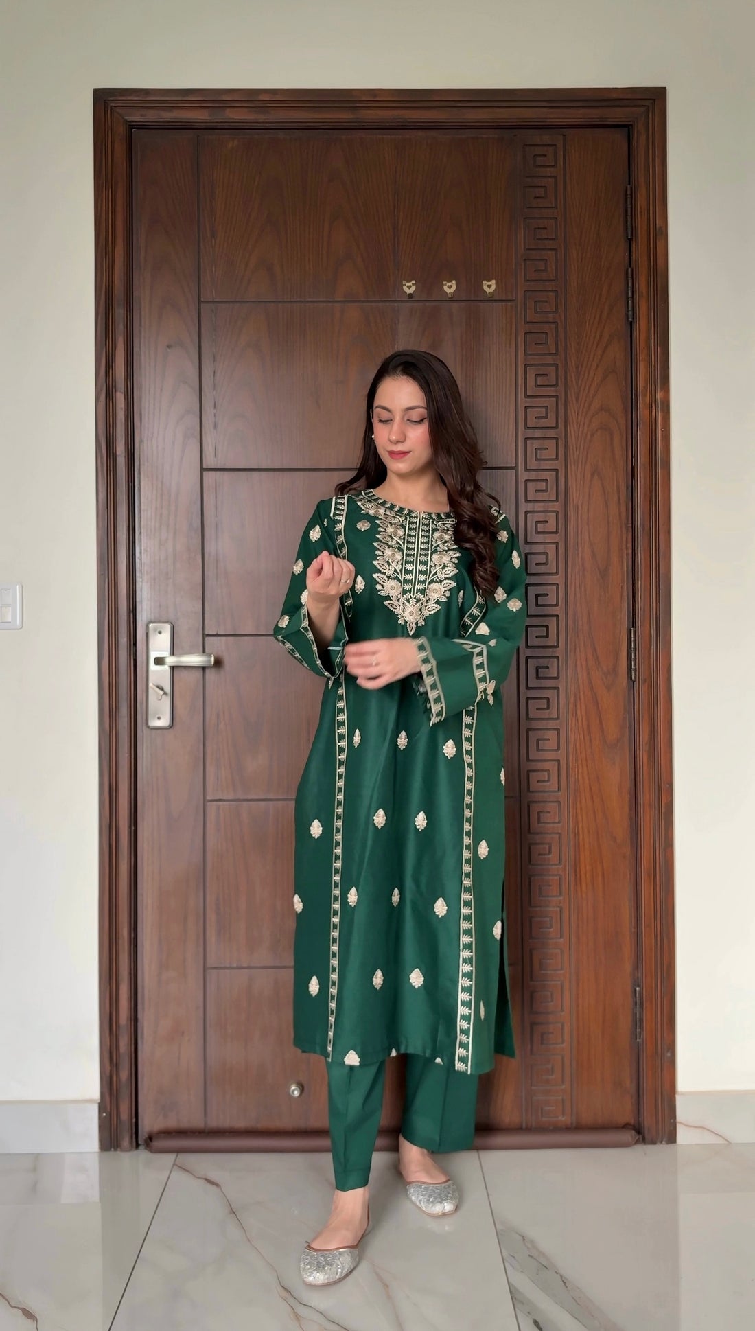 W-357 2Pc Green Embroidered Cotton Dress