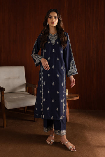 W-350 2PC Navy Blue Cotton Embroidered Dress