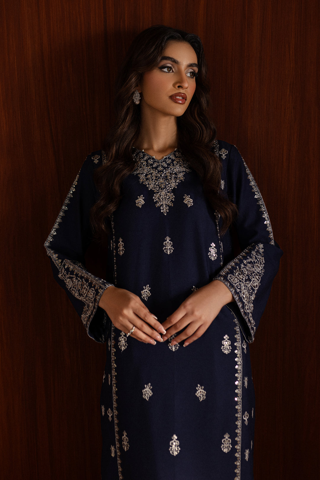W-350 2PC Navy Blue Cotton Embroidered Dress