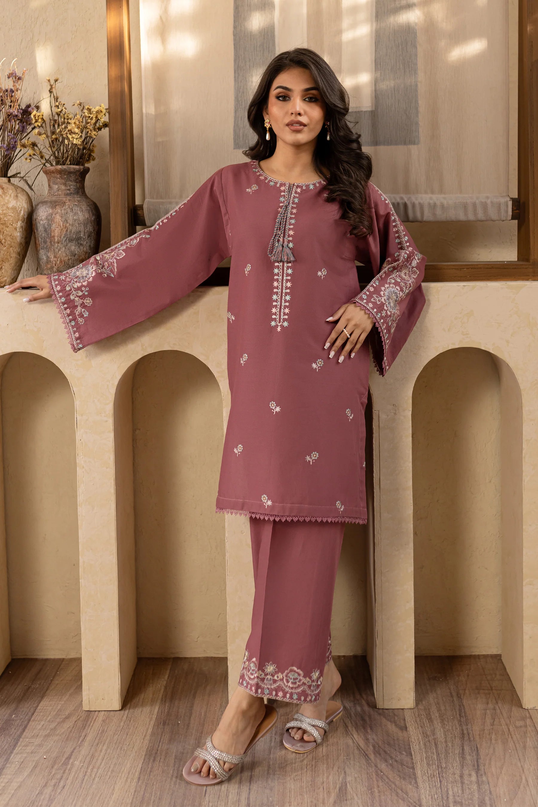 W-352 2Pc Onion Gold Embroidered Lawn Dress