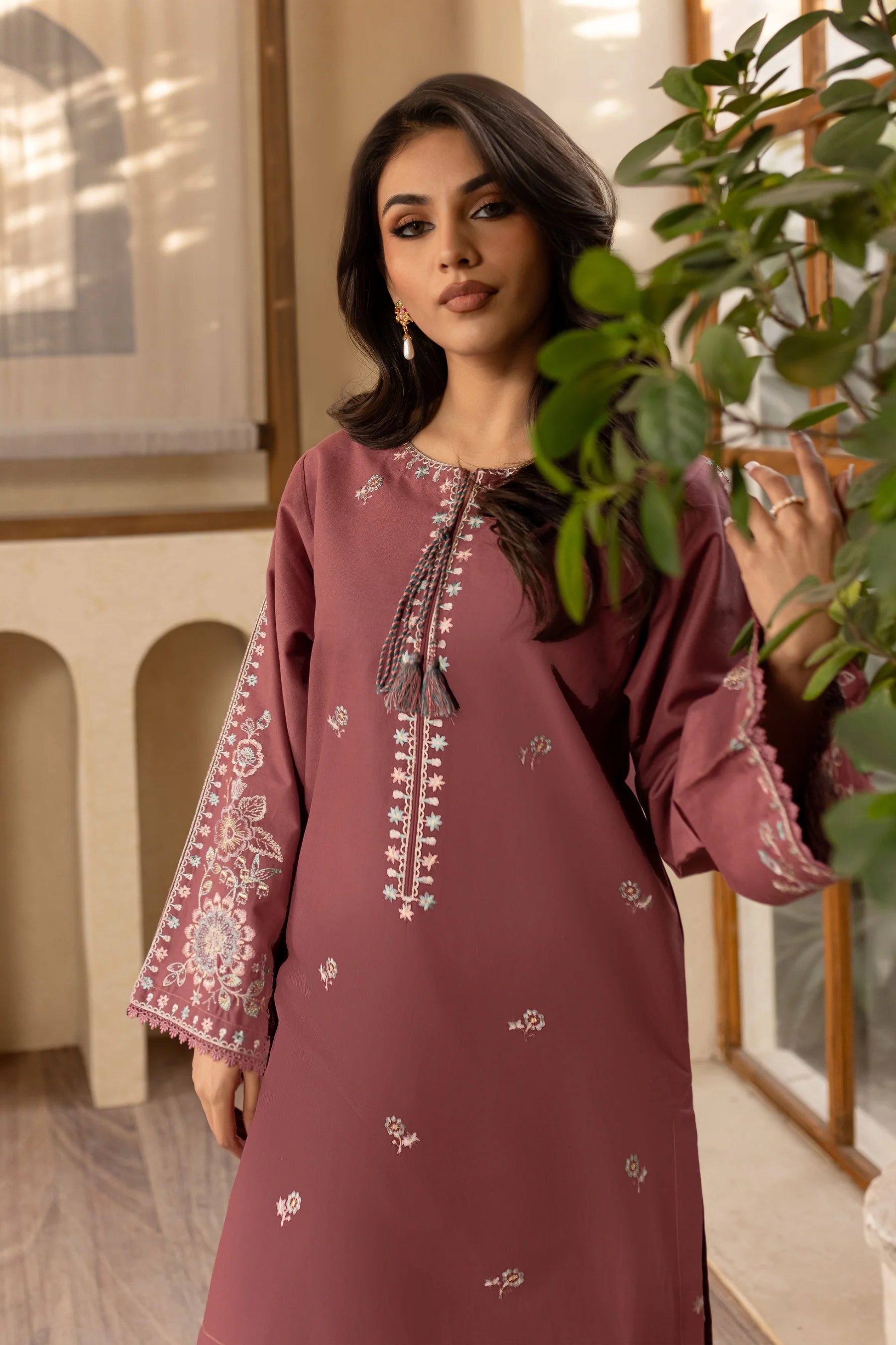 W-352 2Pc Onion Gold Embroidered Lawn Dress