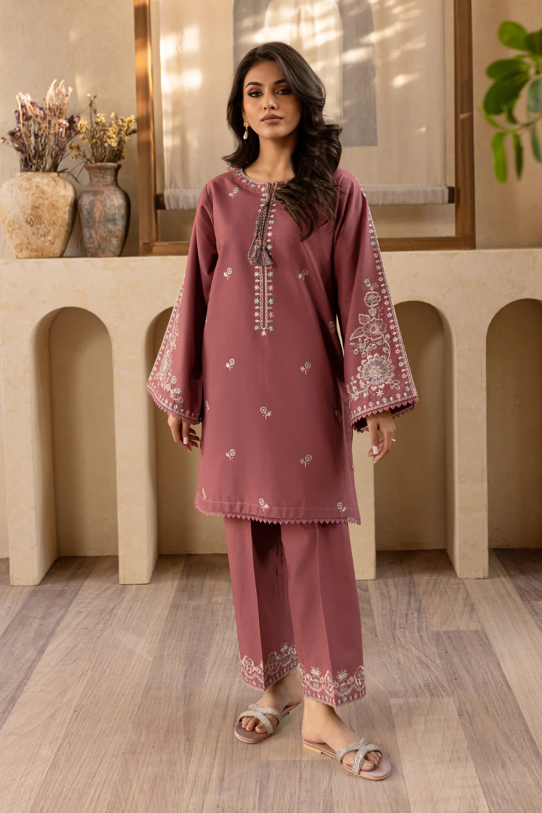 W-352 2Pc Onion Gold Embroidered Lawn Dress