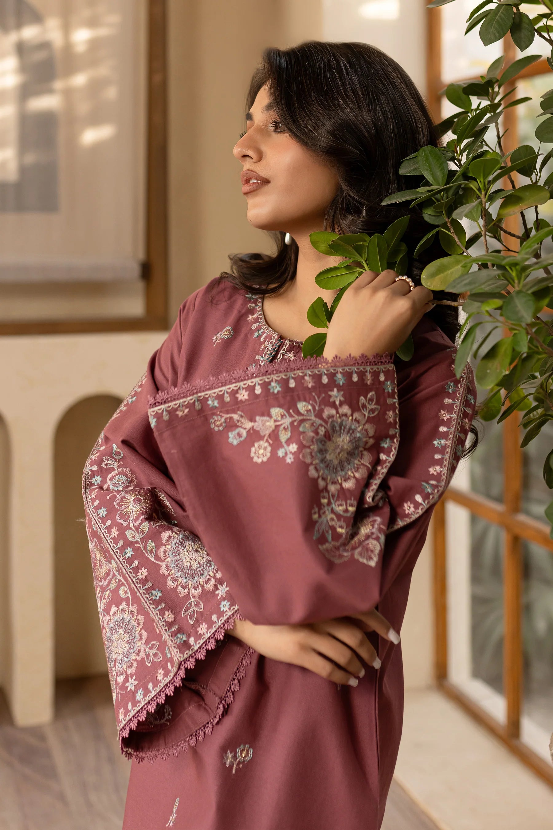 W-352 2Pc Onion Gold Embroidered Lawn Dress
