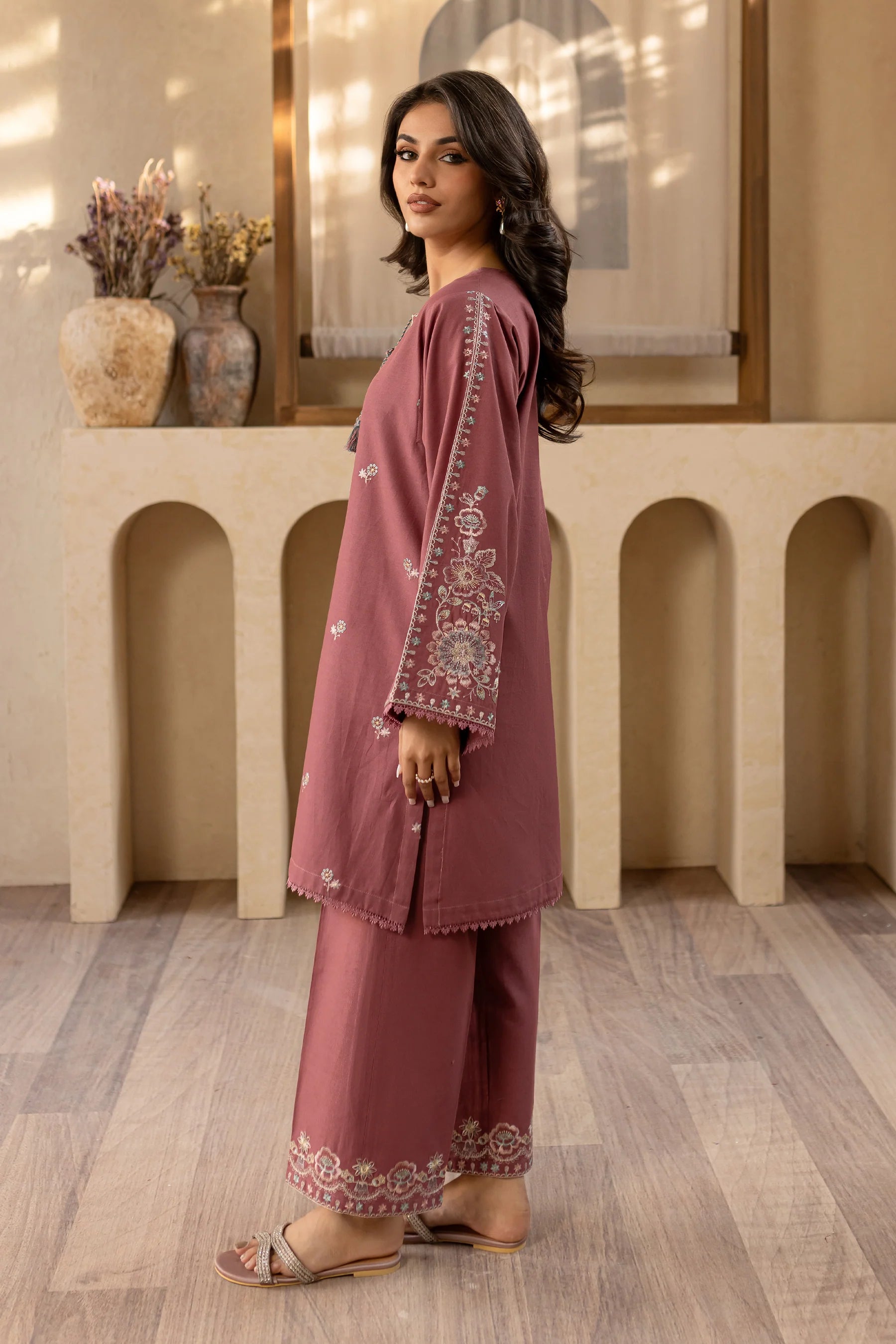 W-352 2Pc Onion Gold Embroidered Lawn Dress