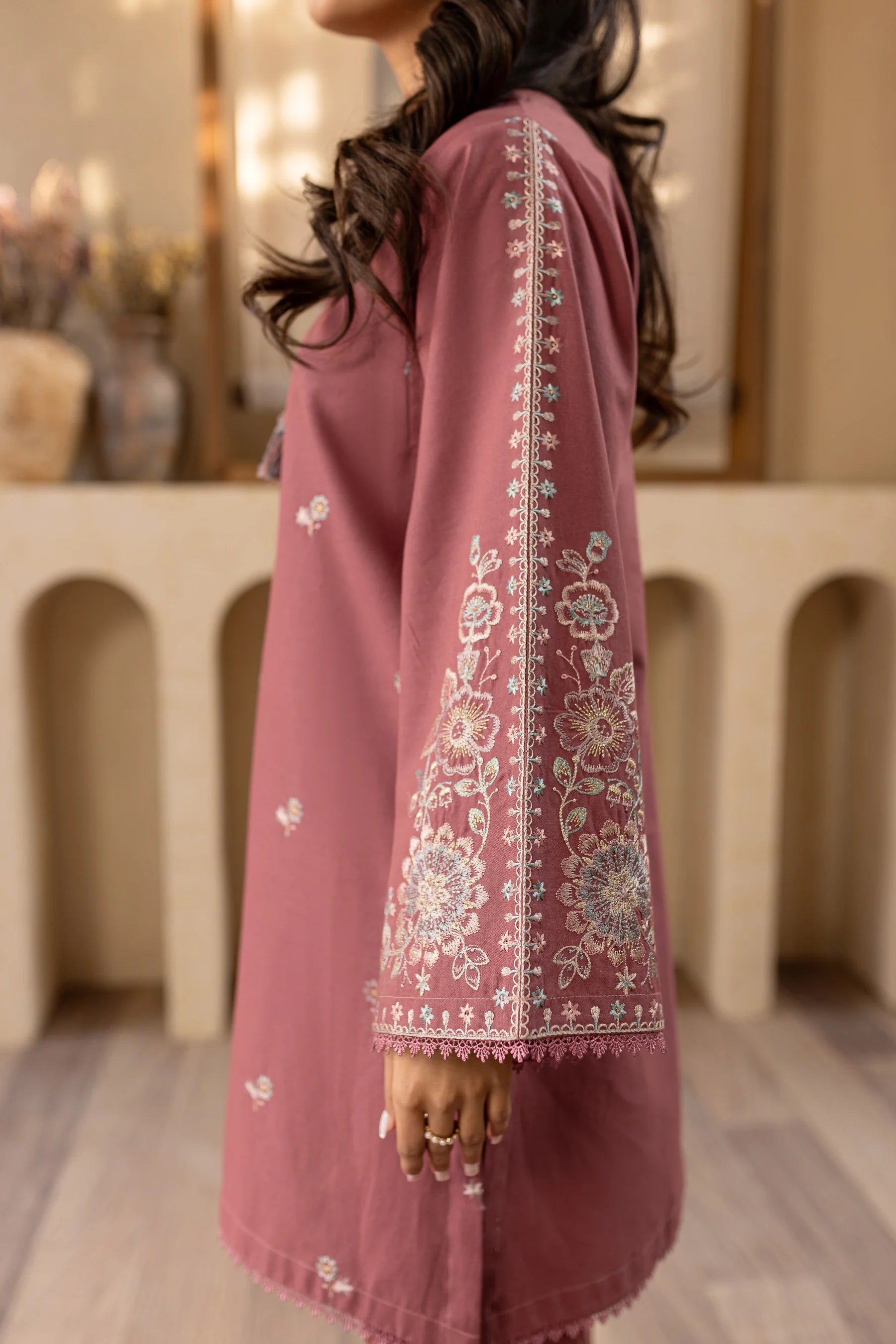 W-352 2Pc Onion Gold Embroidered Lawn Dress